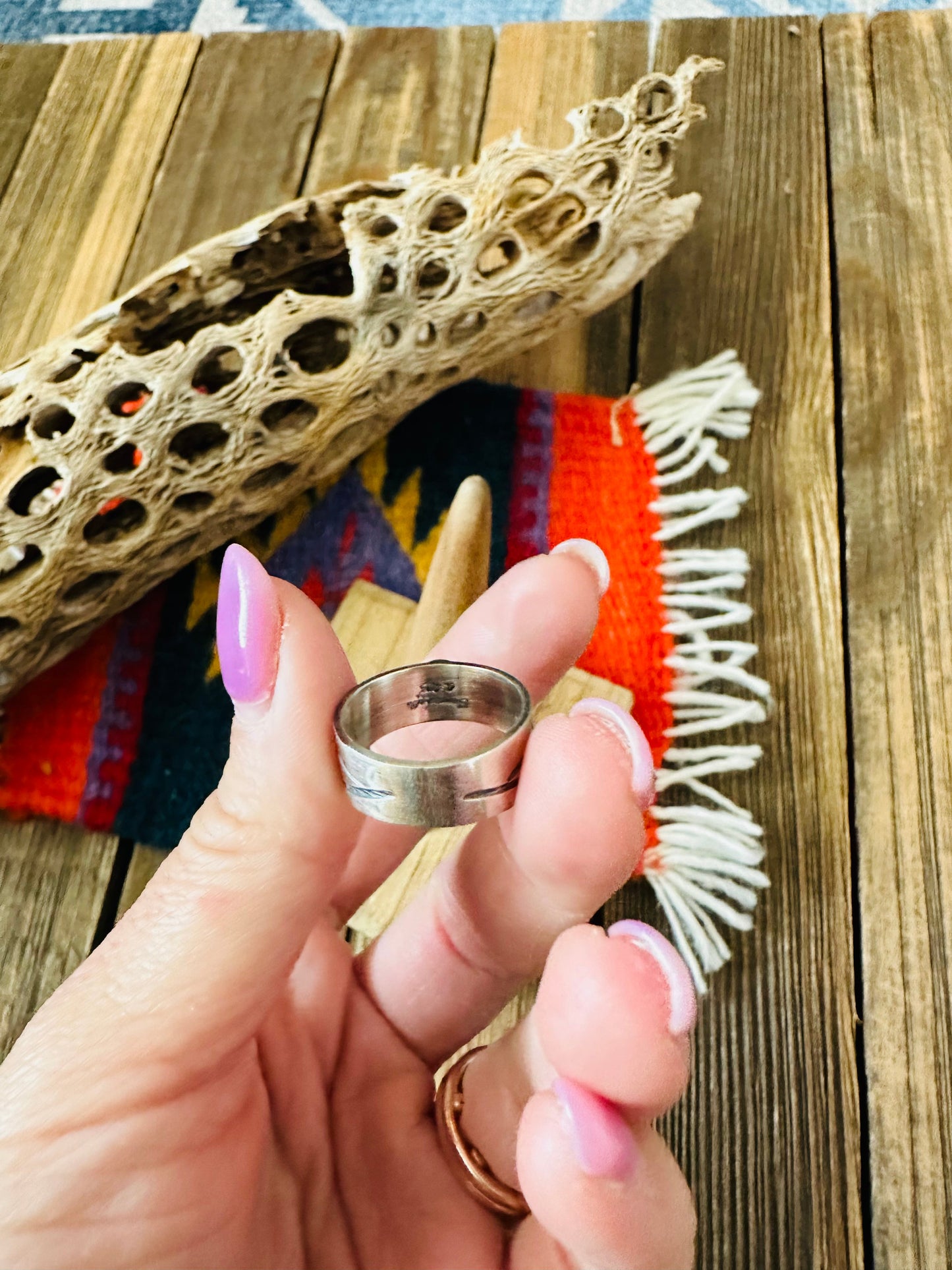 Navajo Sterling Silver and Queen Pink Conch Shell Band Ring