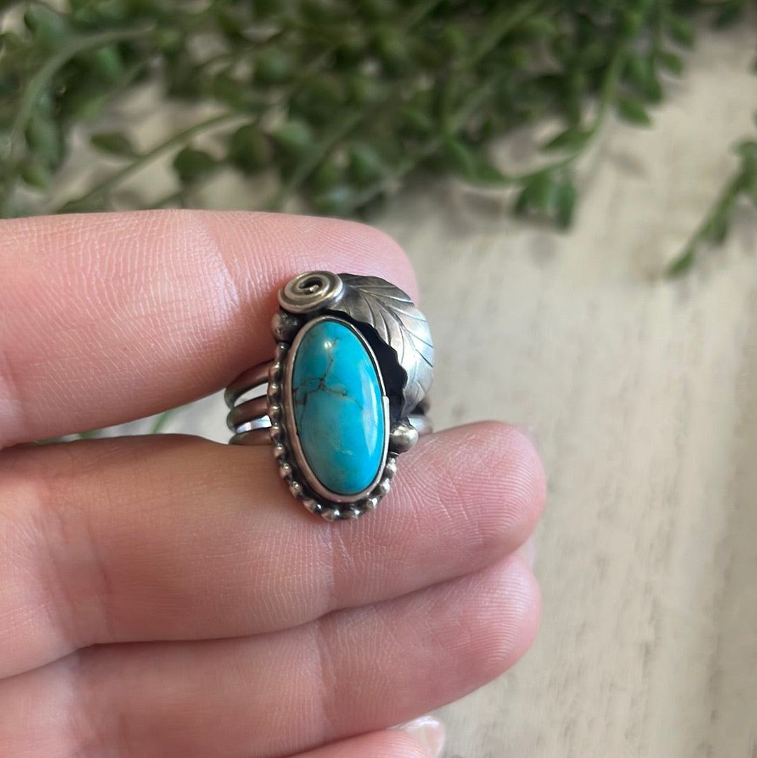 Navajo Turquoise & Sterling Silver Feather Ring Signed