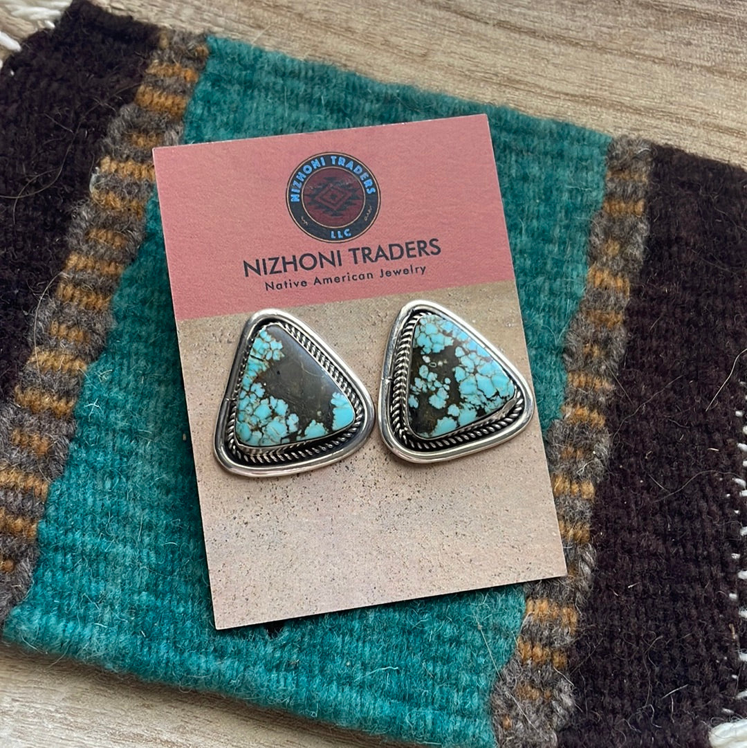 Navajo Number 8 Turquoise & Sterling Silver Post Earrings Signed