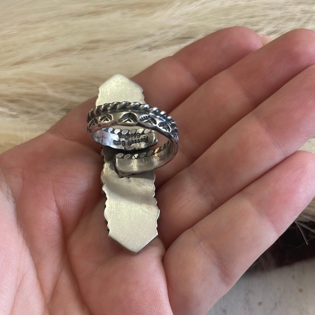 Navajo Turquoise Sterling Silver Adjustable Ring Signed Russell Sam