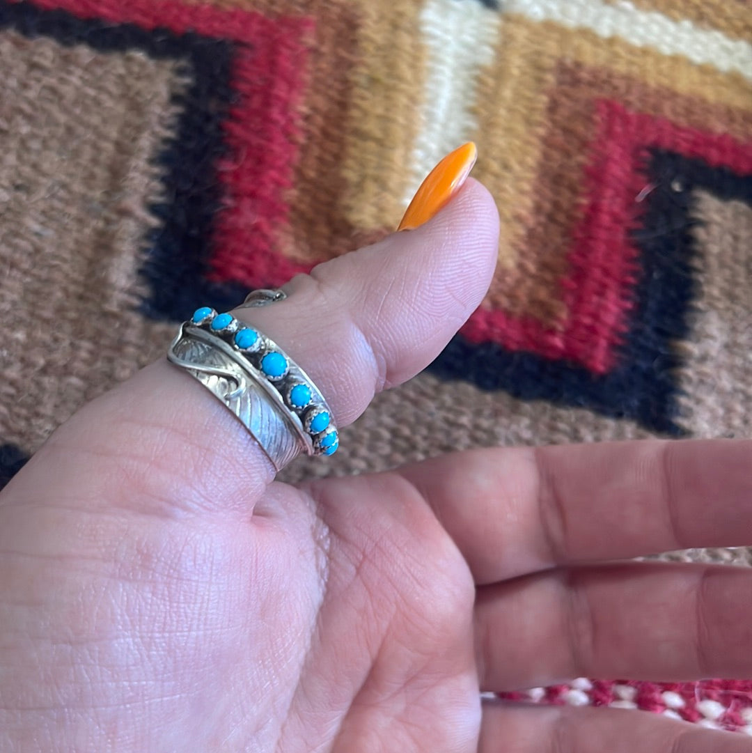 Navajo Sterling Silver & Turquoise Feather Adjustable Ring