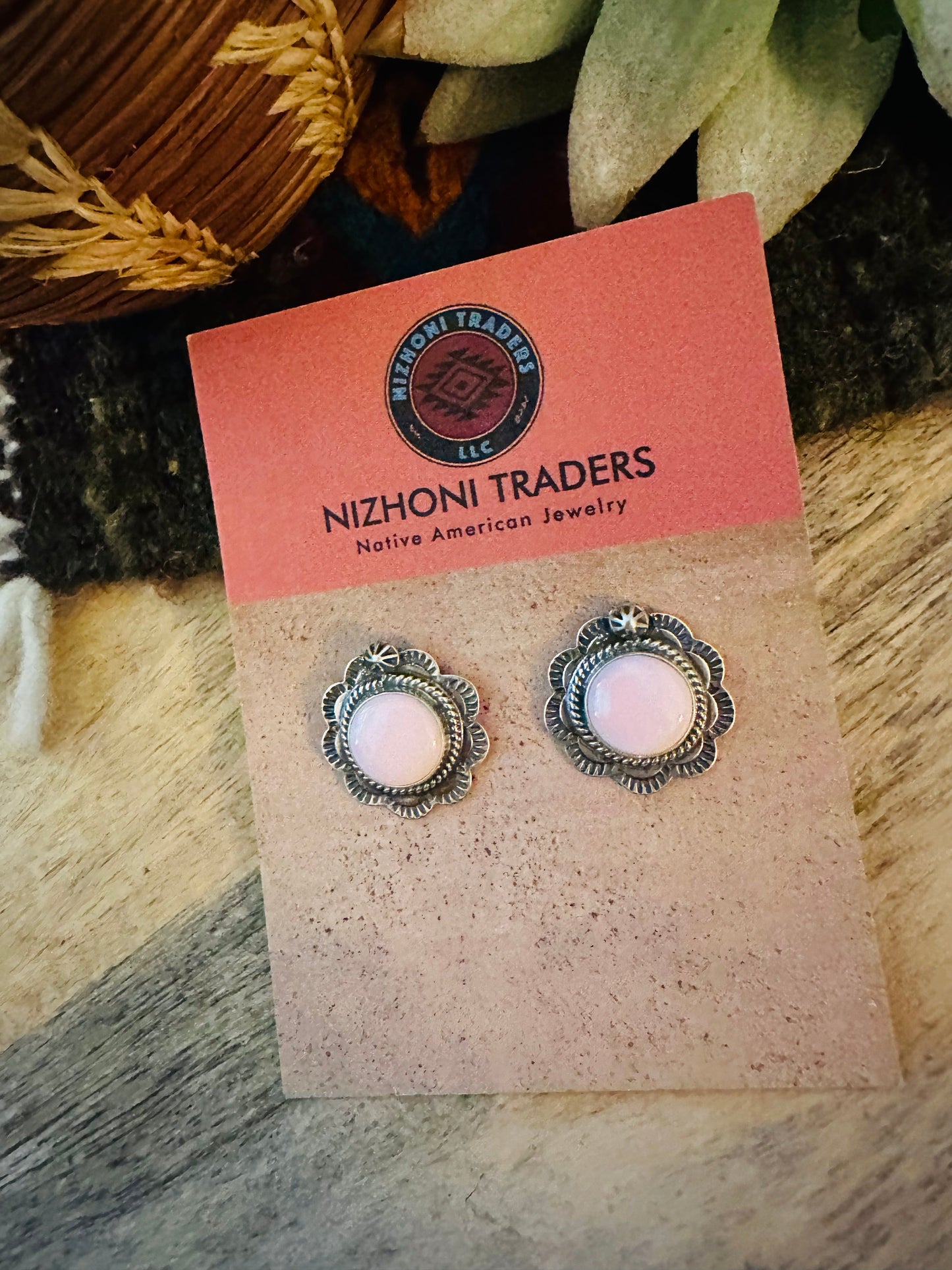 Navajo Queen Pink Conch & Sterling Silver Stud Earrings