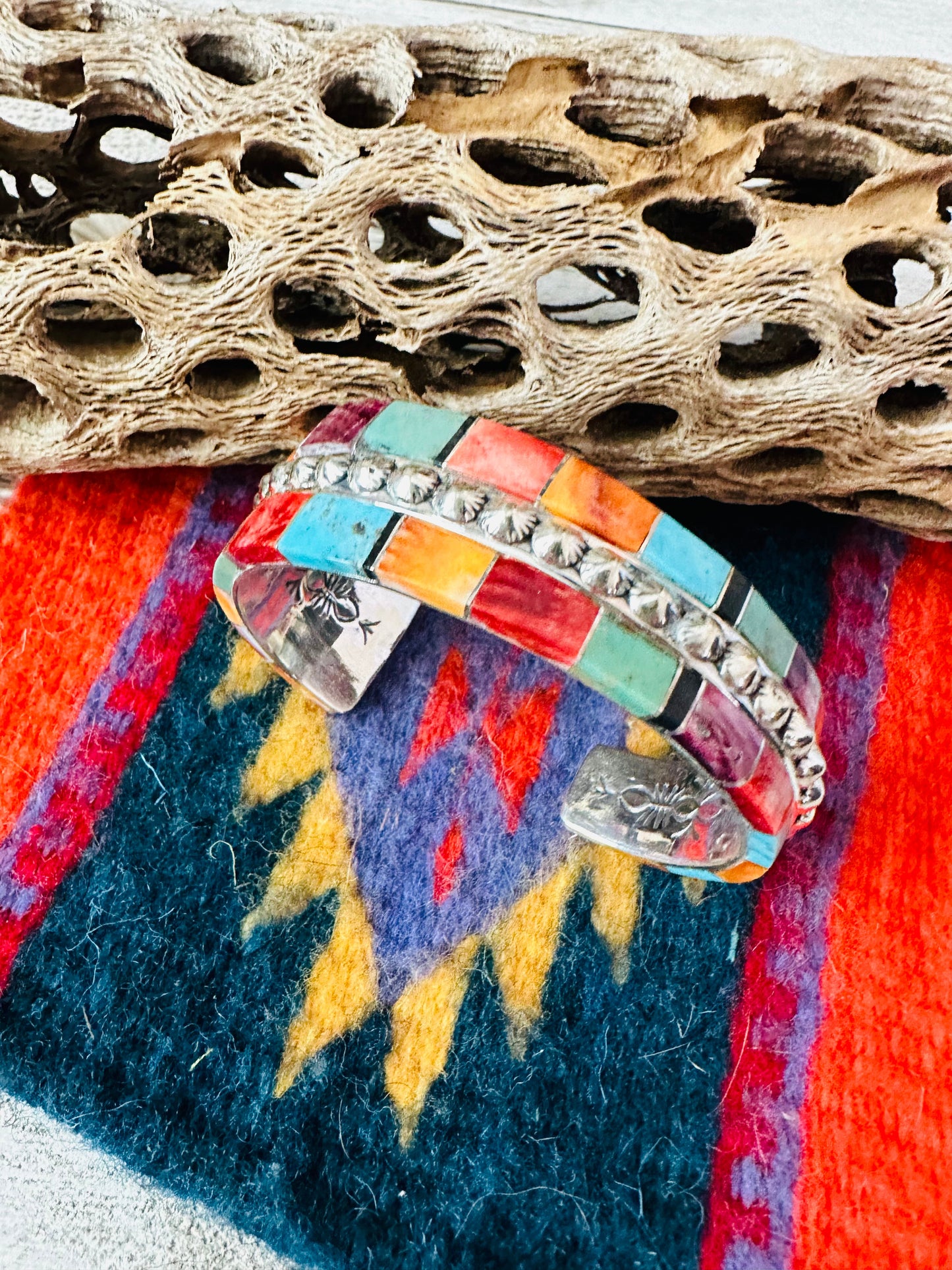 Navajo Multi Stone & Sterling Silver Inlay Cuff Bracelet