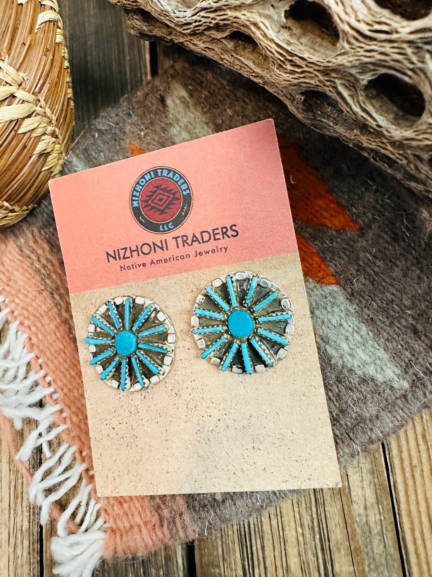 Zuni Sterling Silver & Turquoise Needlepoint Cluster Earrings