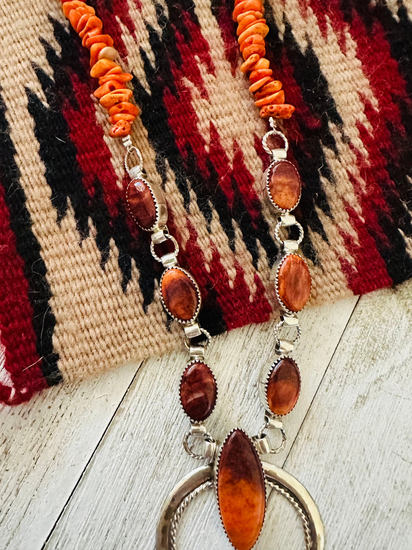 Navajo Sterling Silver & Orange Spiny Beaded Naja Necklace