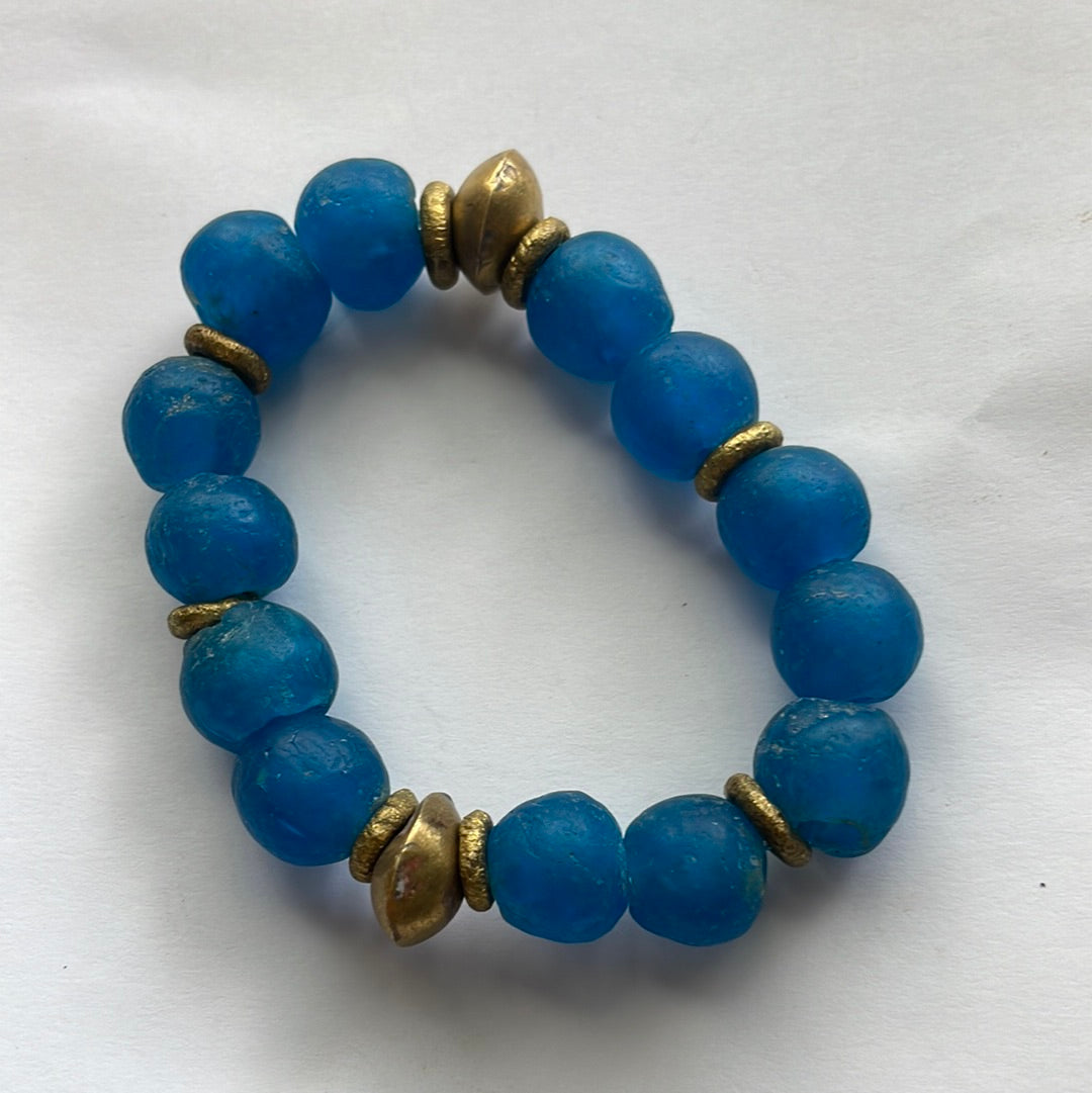 Handmade Recycled Glass Beaded Stretch Bracelet TRUE BLUE