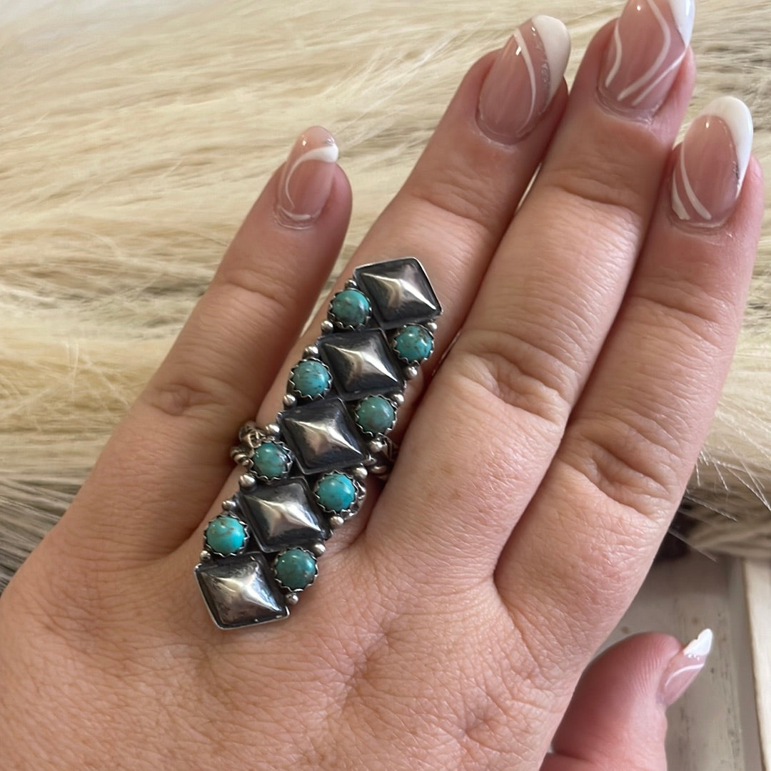 Navajo Turquoise Sterling Silver Adjustable Ring Signed Russell Sam