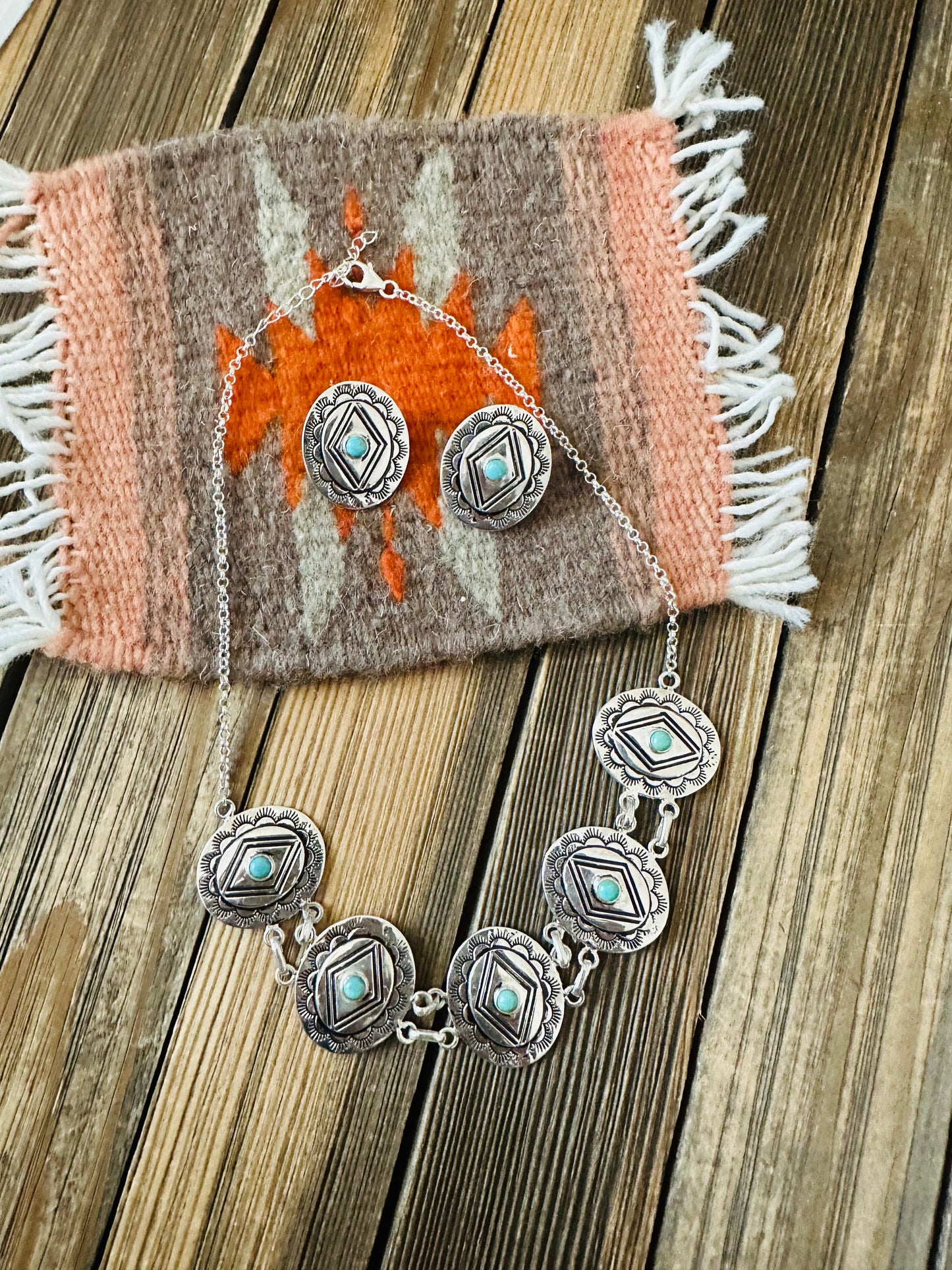 Handmade Sterling Silver & Turquoise Concho Necklace Set