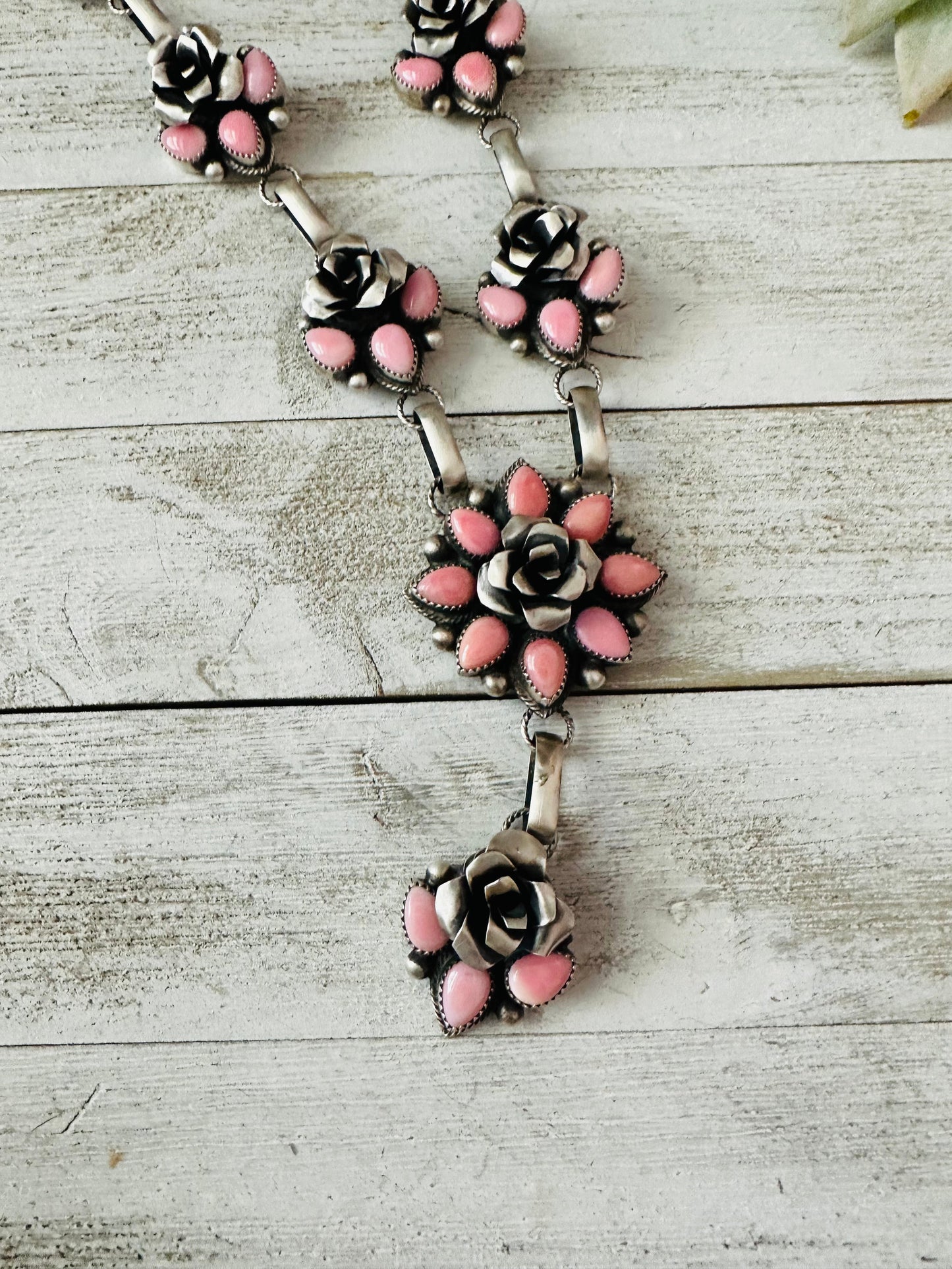 Navajo Sterling Silver & Queen Pink Conch Shell Flower Necklace