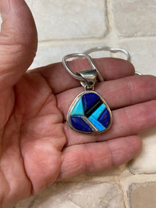 Navajo Lapis, Turquoise, Blue Opal & Sterling Pendant