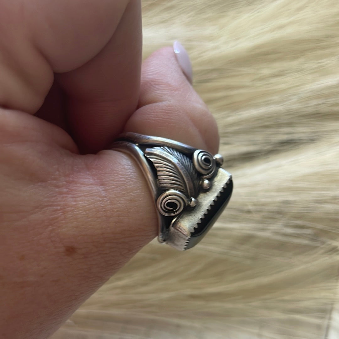 Navajo Sterling Silver & Black Onyx Rectangluar Ring Size 9.5