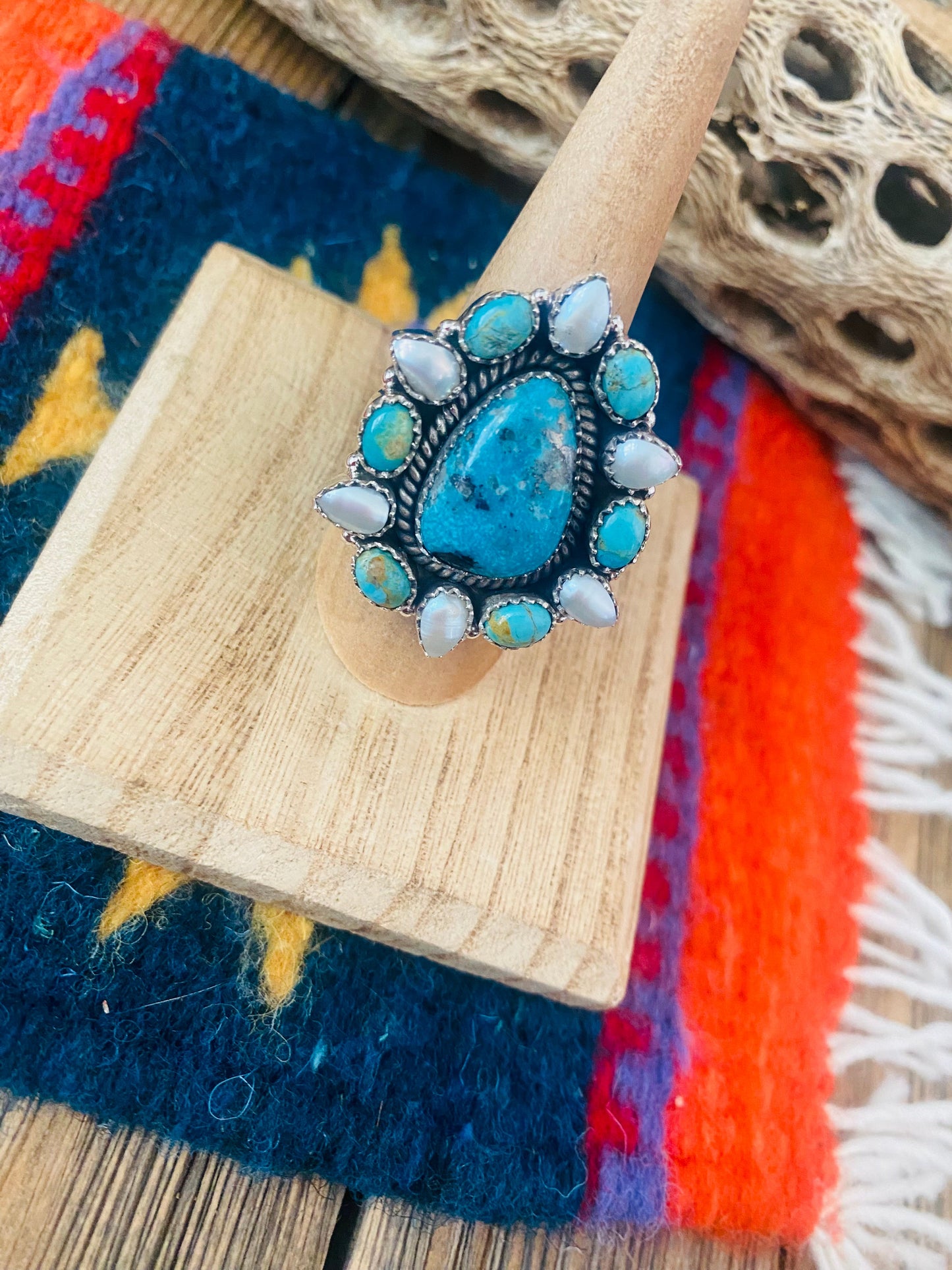 Handmade Sterling Silver, Turquoise & Pearl Adjustable Ring