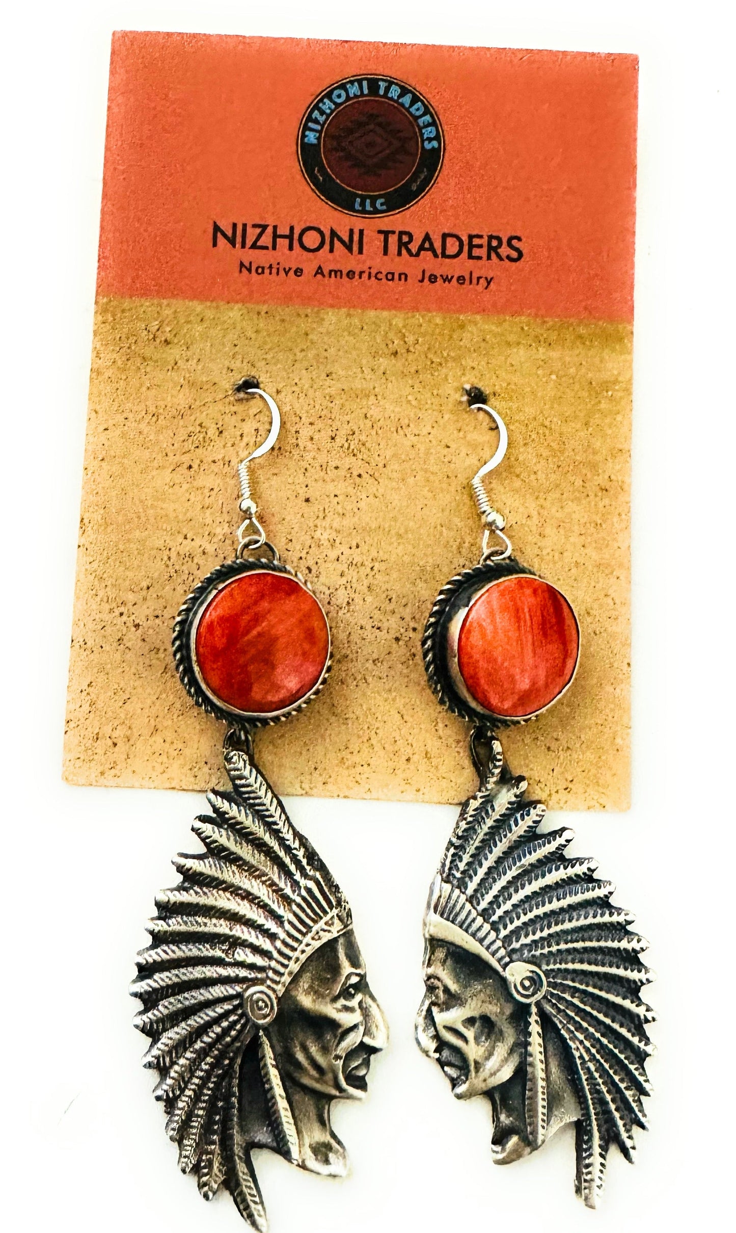 Navajo Spiny & Sterling Silver Indian Head Dangle Earrings