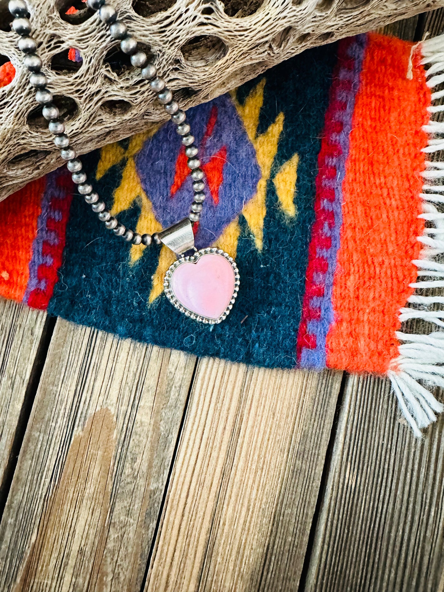 Navajo Queen Pink Conch & Sterling Silver Heart Pendant