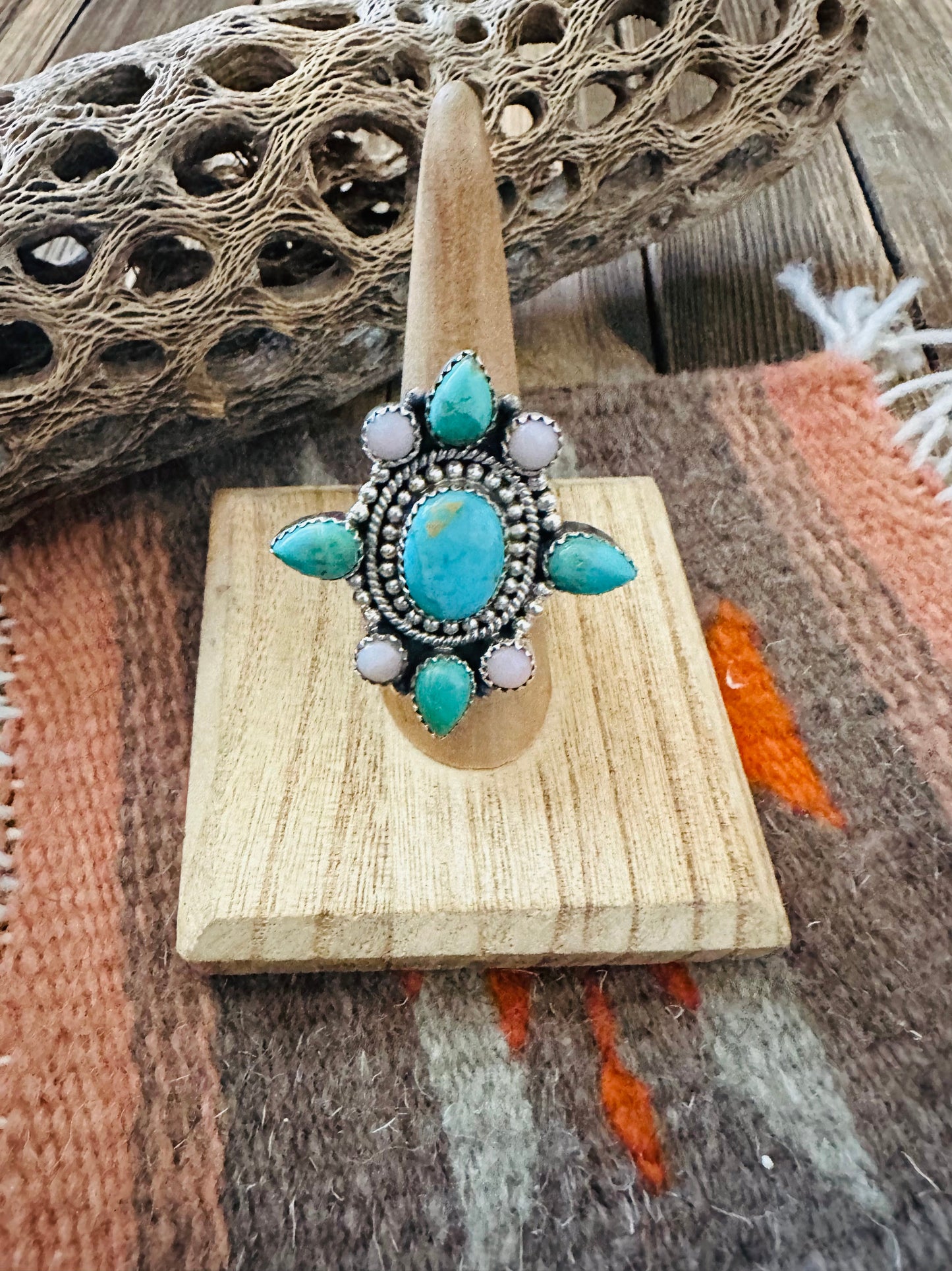 Handmade Sterling Silver, Pink Conch & Turquoise Cluster Adjustable Ring