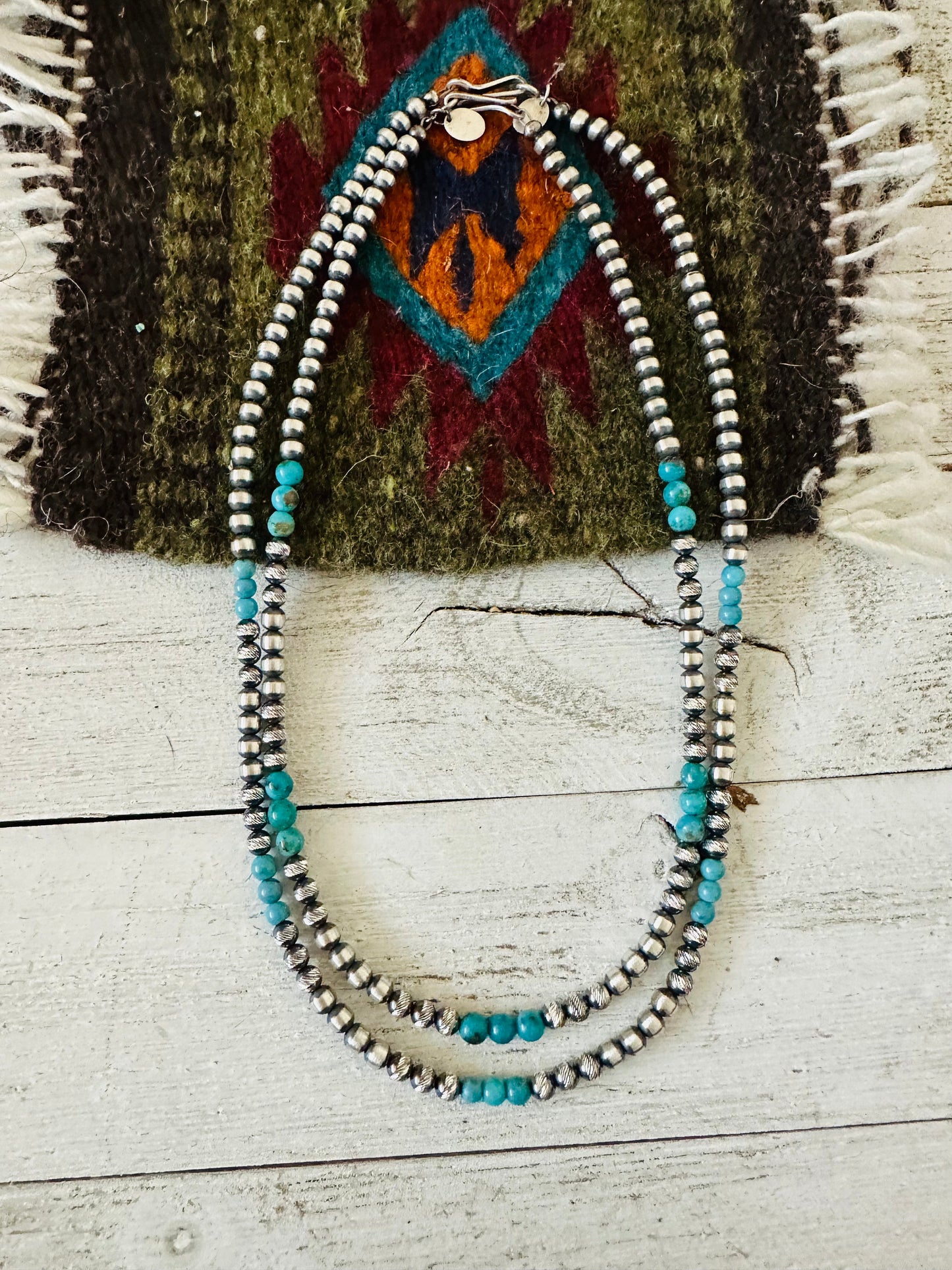 Navajo Turquoise & Sterling Silver Diamond Cut Beaded Necklace 14” or 16”