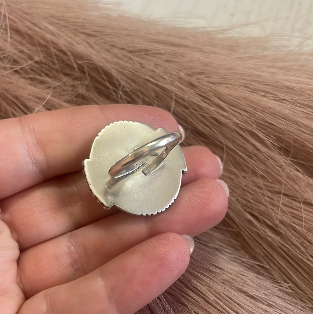 Gorgeous Navajo Pink Peruvian Opal And Sterling Silver Adjustable Ring