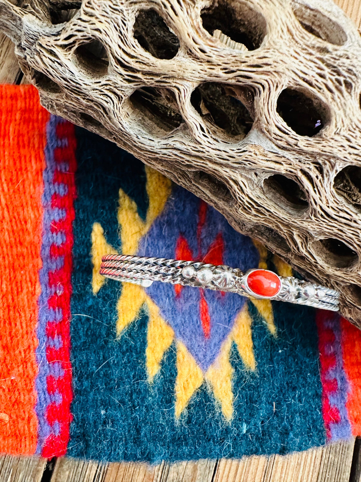 Navajo Coral & Sterling Silver Cuff Bracelet