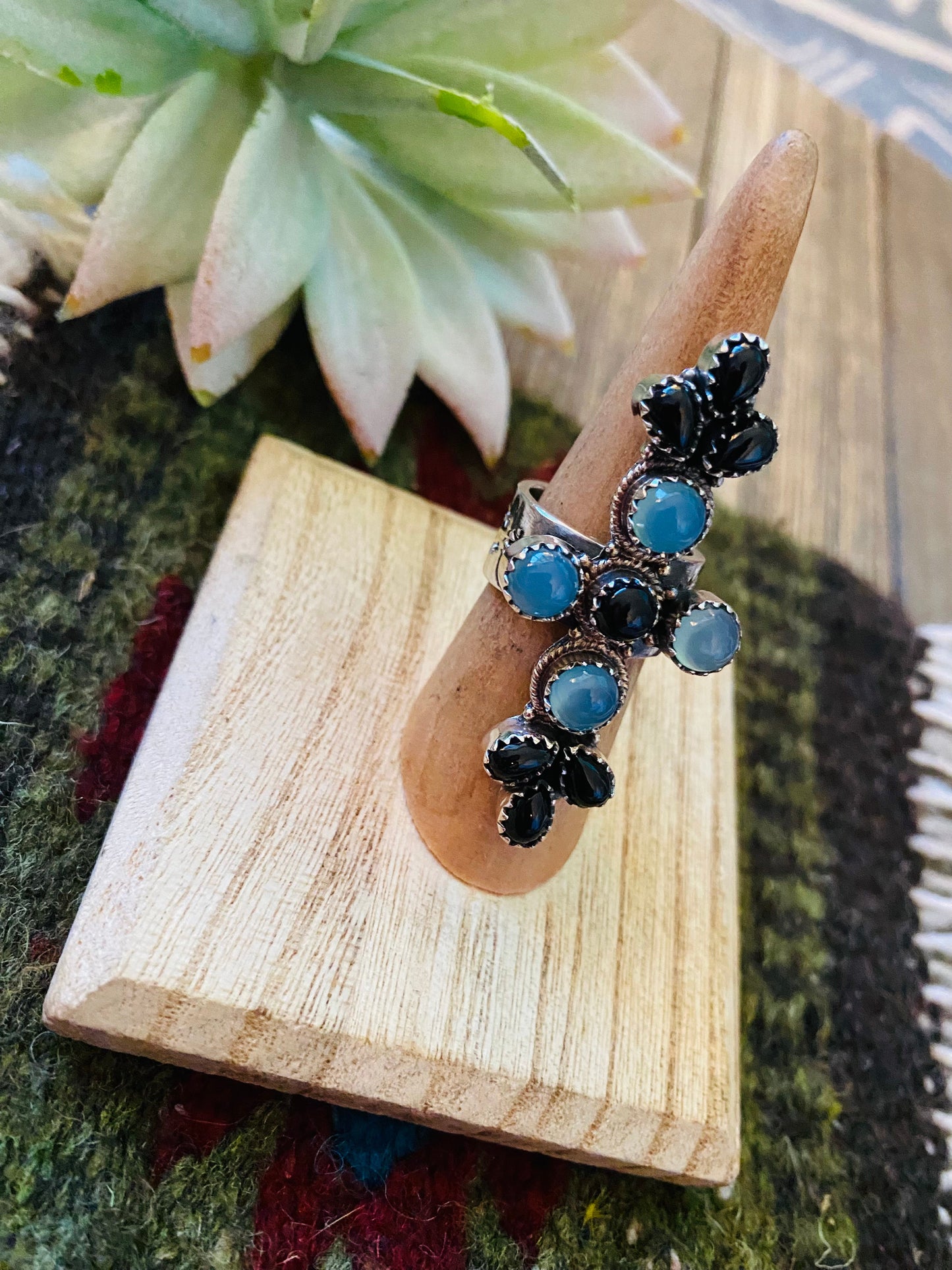 Handmade Sterling Silver, Opalite & Onyx Cluster Adjustable Ring