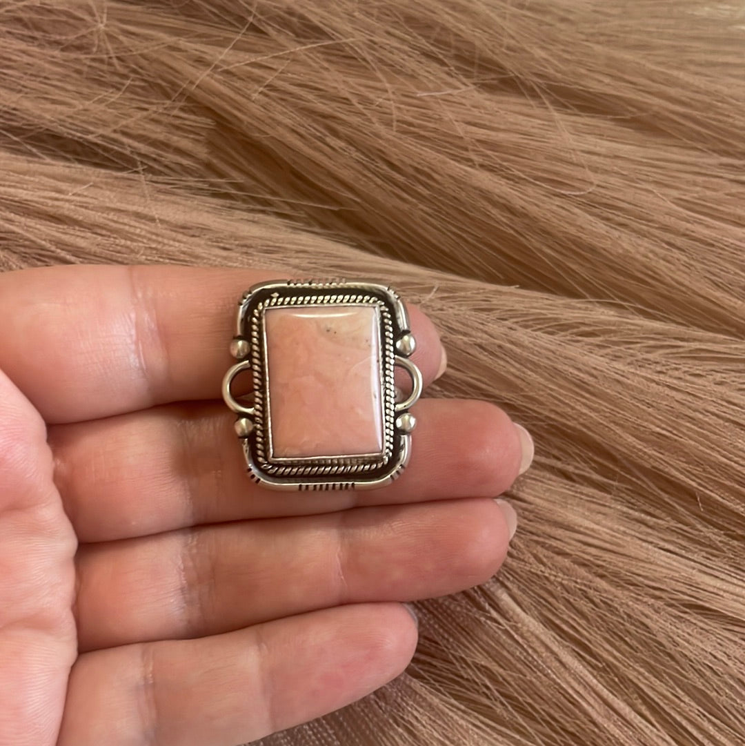 Gorgeous Navajo Pink Peruvian Opal And Sterling Silver Adjustable Ring