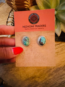 Navajo Kingman Turquoise  Sterling Silver Stud Earrings Signed