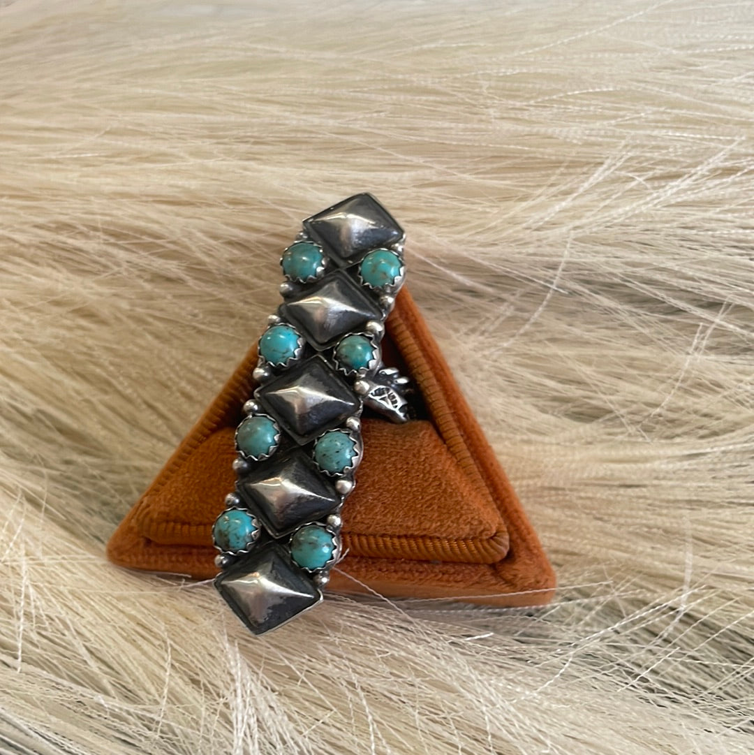 Navajo Turquoise Sterling Silver Adjustable Ring Signed Russell Sam
