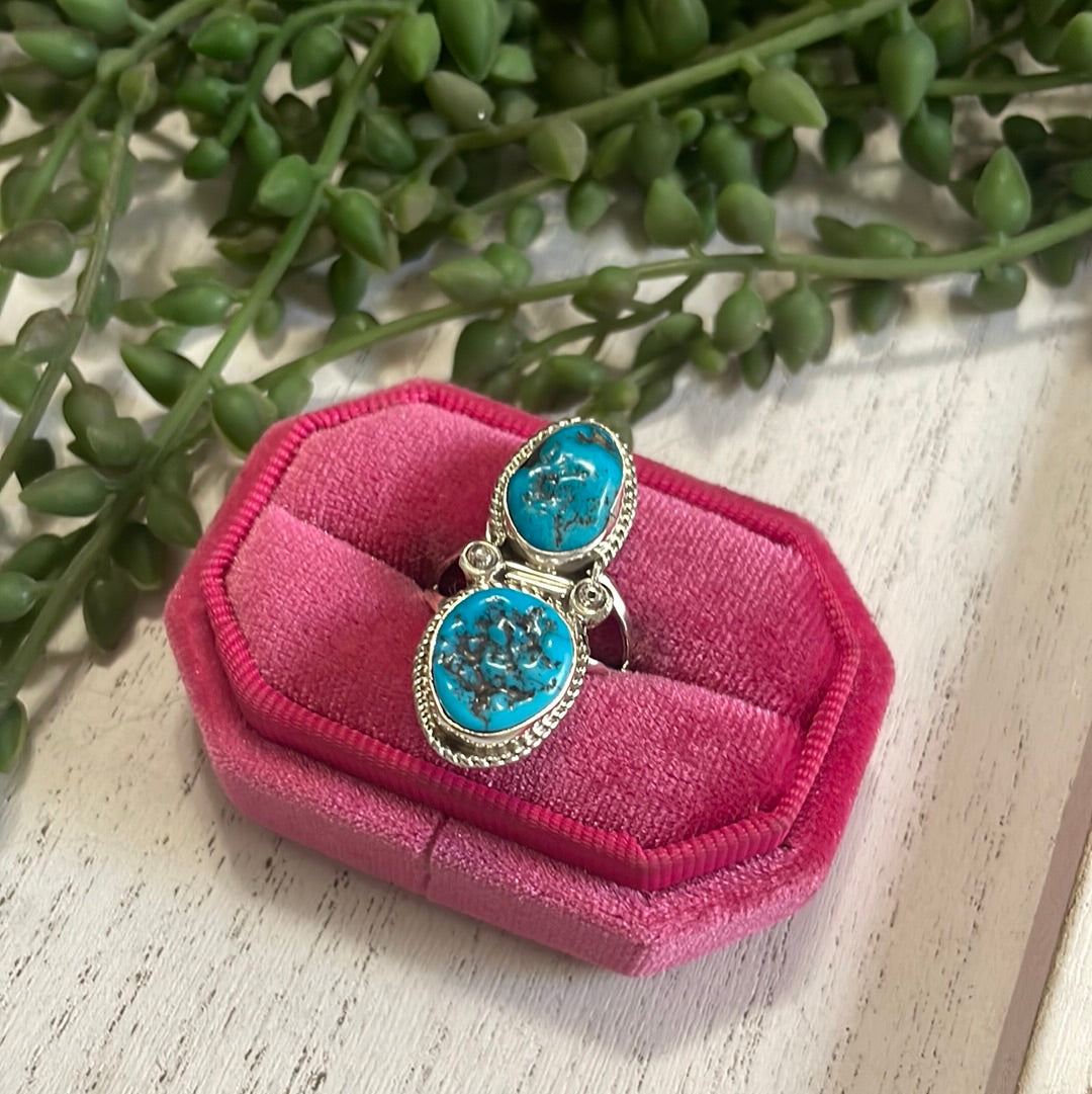 Double Stone Navajo Turquoise & Sterling Silver Ring Signed