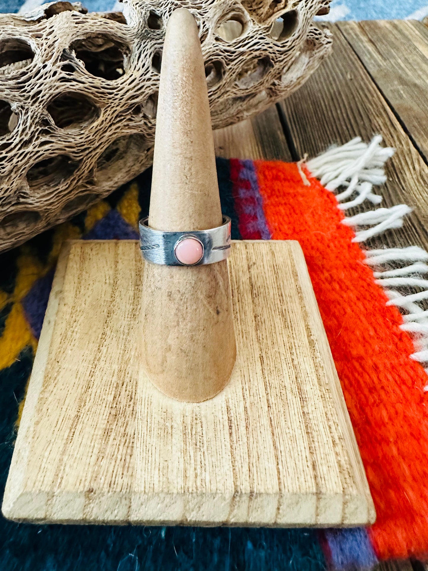 Navajo Sterling Silver and Queen Pink Conch Shell Band Ring