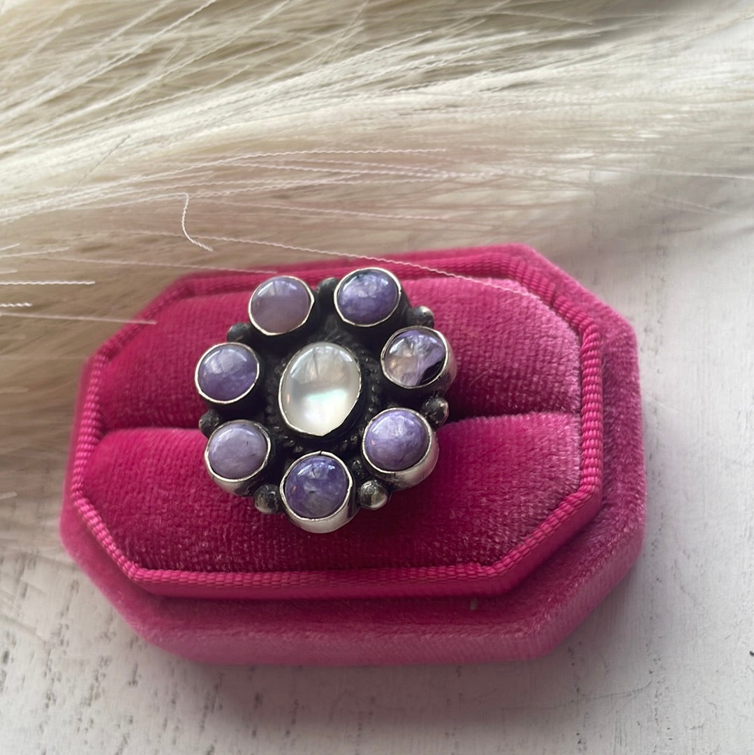 Navajo Charoite & White Topaz Sterling Silver Adjustable Ring Signed