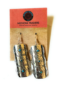 Navajo Hand Stamped Sterling Silver & Turquoise Dangle Earrings