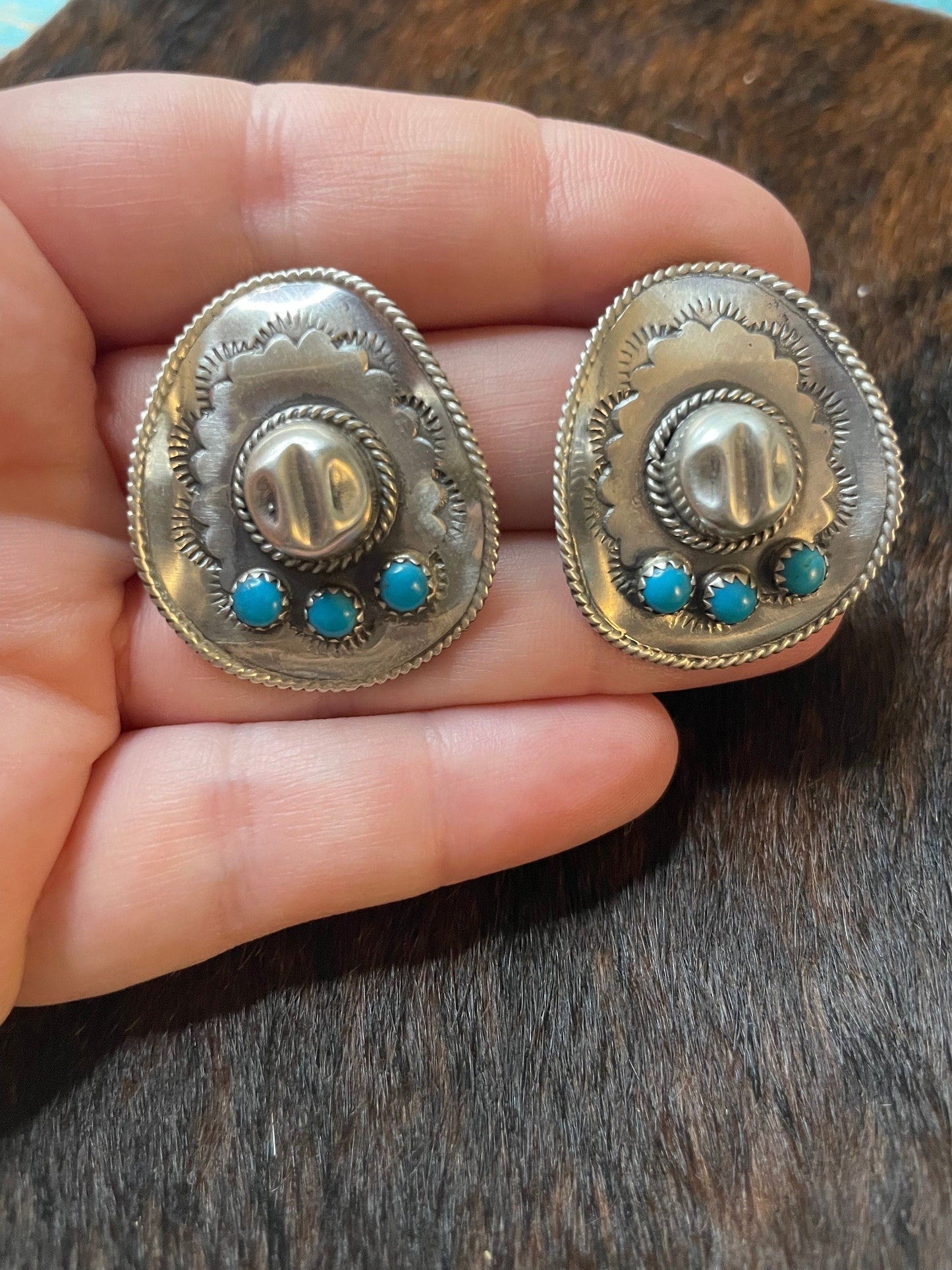 Navajo Cowboy Hat Sterling Silver & Turquoise Concho Post Earrings