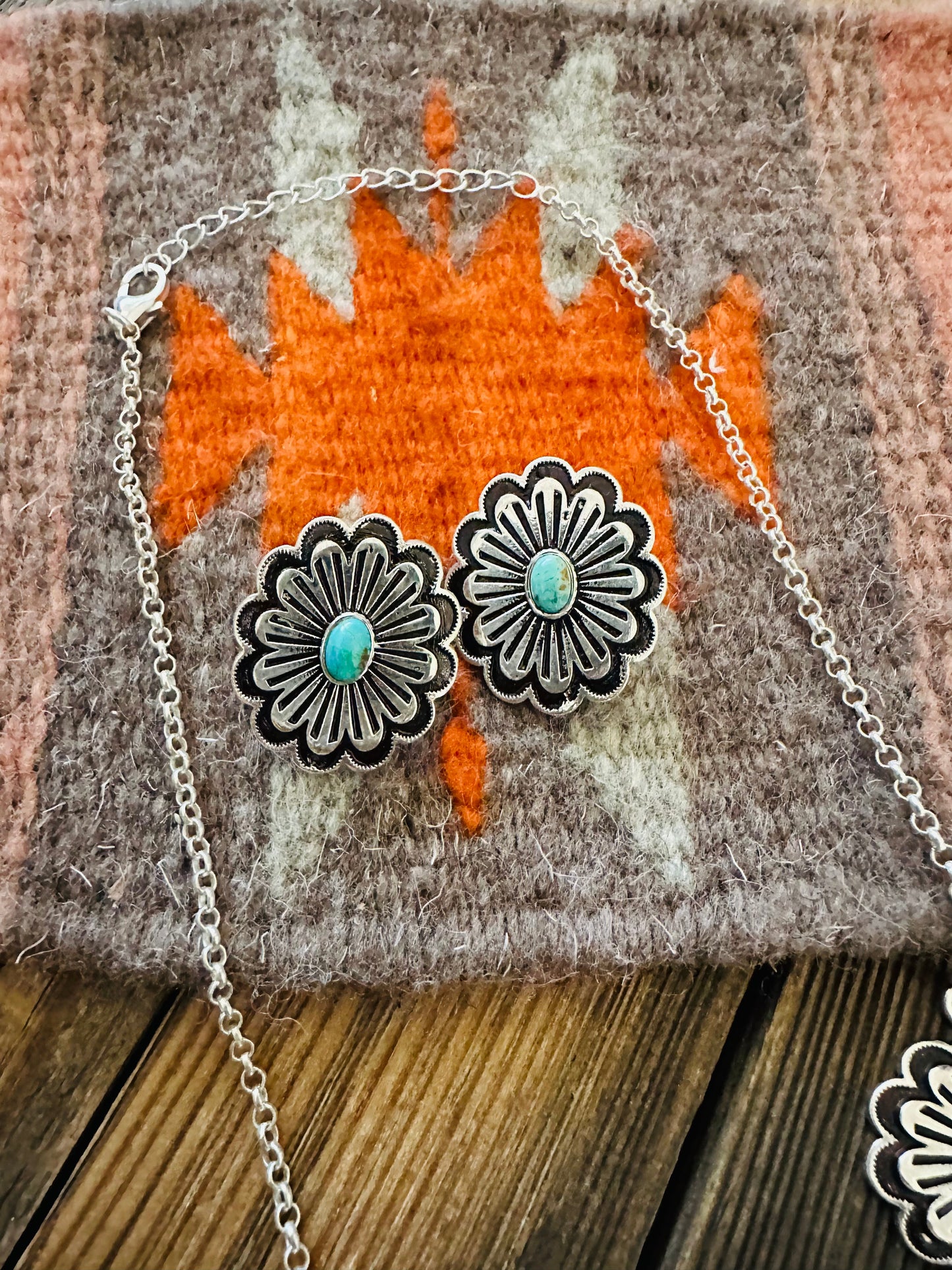 Handmade Sterling Silver & Turquoise Flower Necklace Set