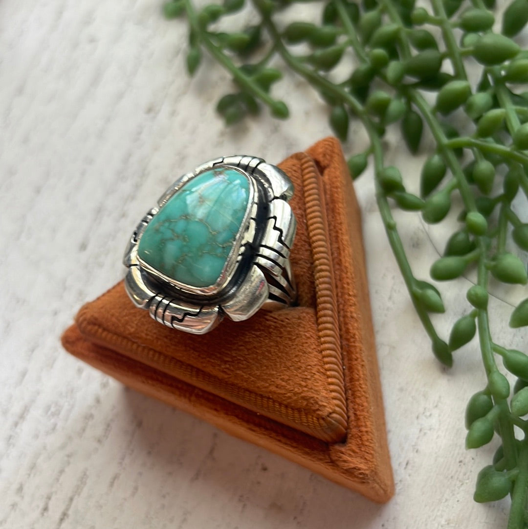 Navajo Large Single Stone Turquoise Sterling Silver Ring Signed