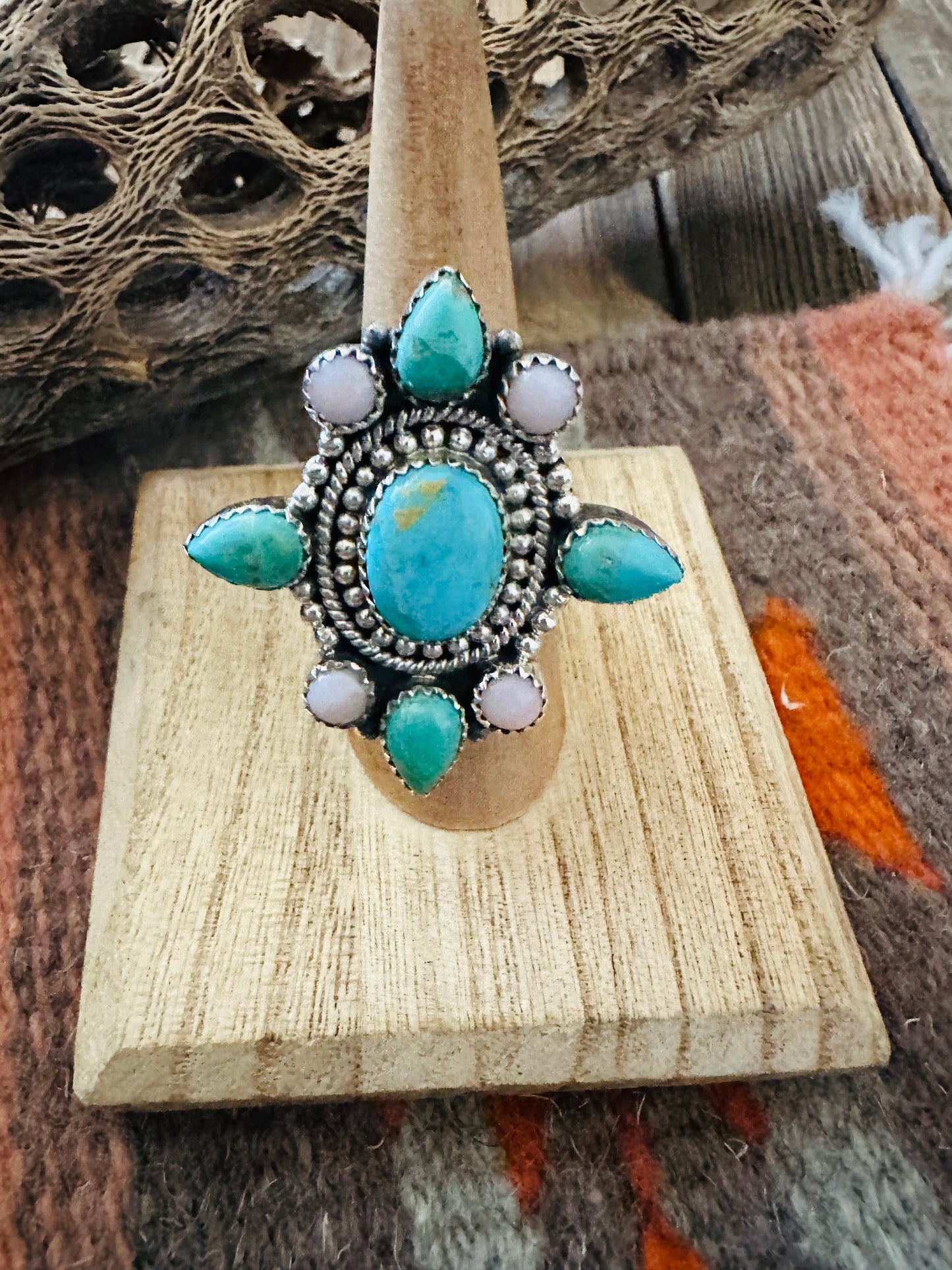 Handmade Sterling Silver, Pink Conch & Turquoise Cluster Adjustable Ring