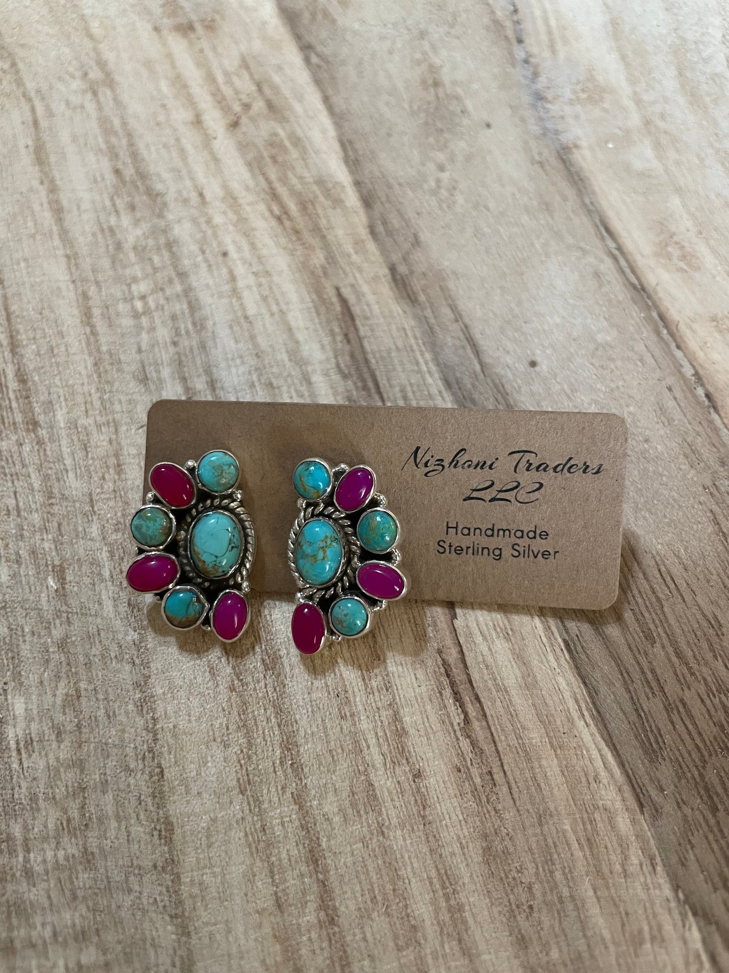 Handmade Pink Onyx, Turquoise & Sterling Silver Earrings Signed Nizhoni