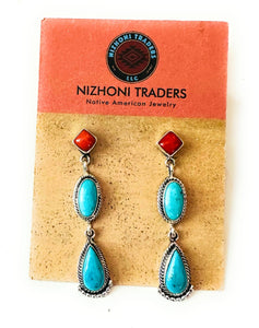 Navajo Turquoise, Coral & Sterling Silver Dangle Earrings