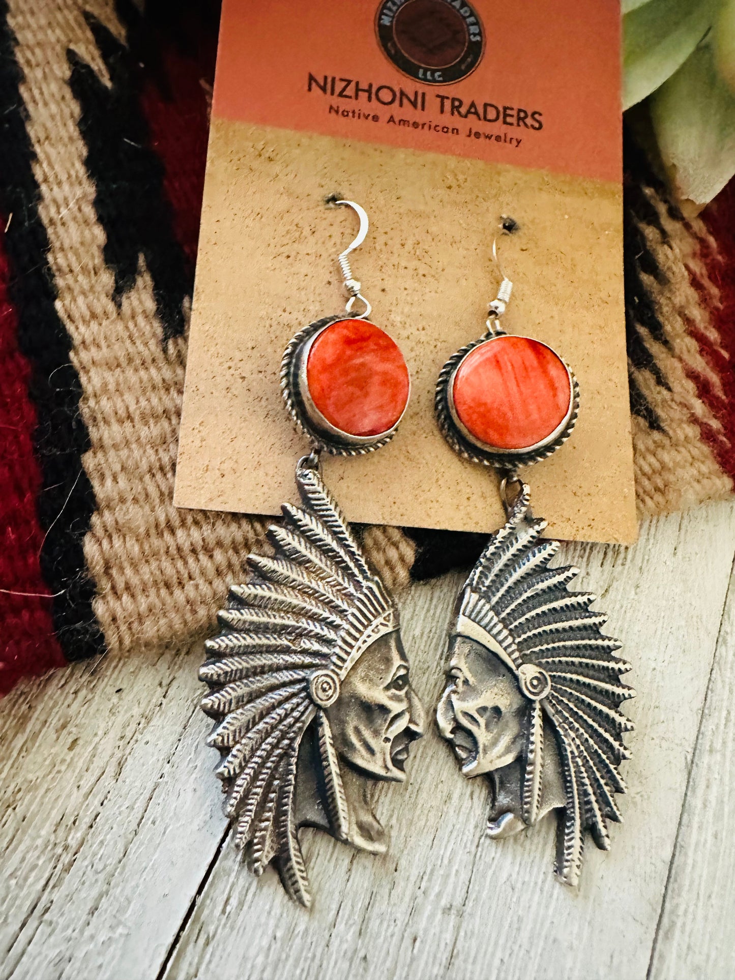 Navajo Spiny & Sterling Silver Indian Head Dangle Earrings