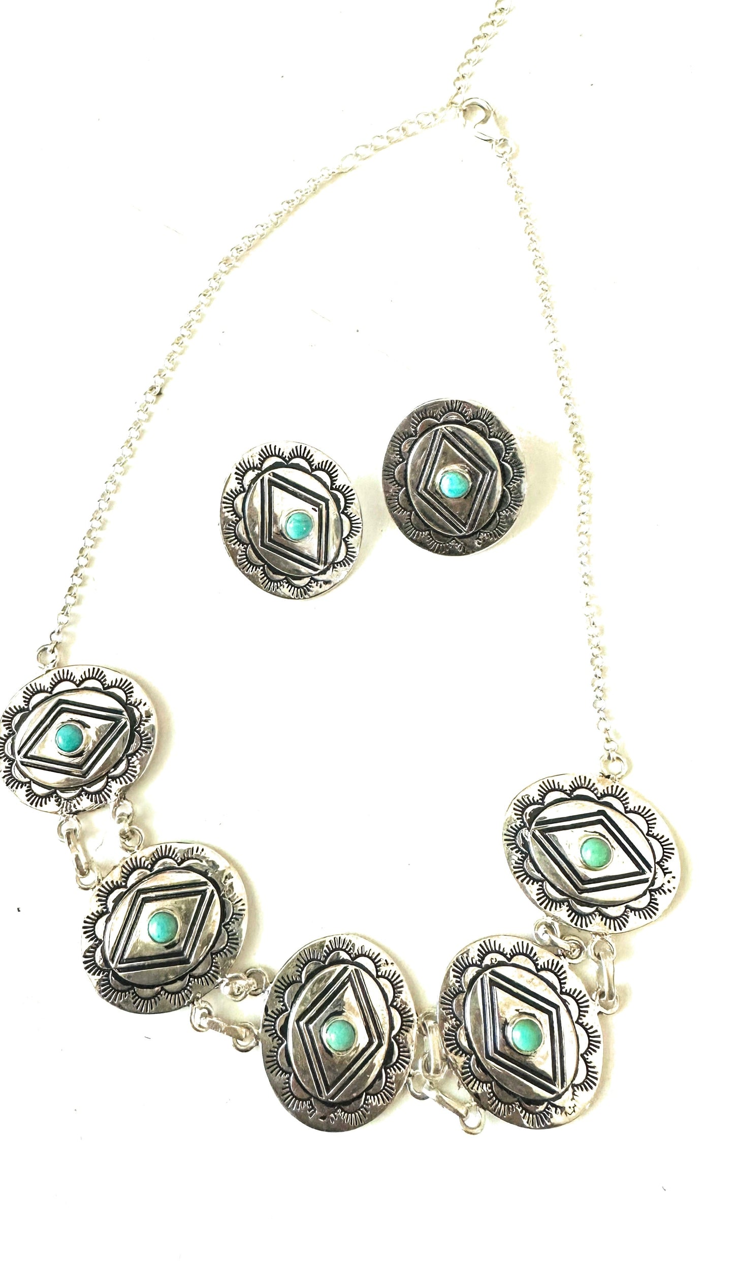 Handmade Sterling Silver & Turquoise Concho Necklace Set