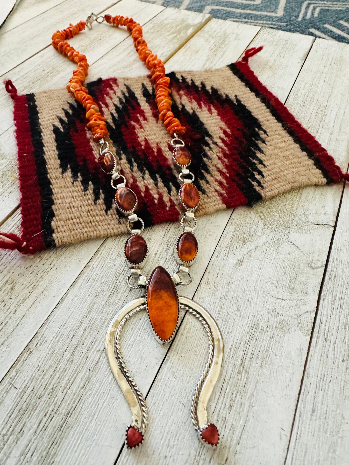 Navajo Sterling Silver & Orange Spiny Beaded Naja Necklace