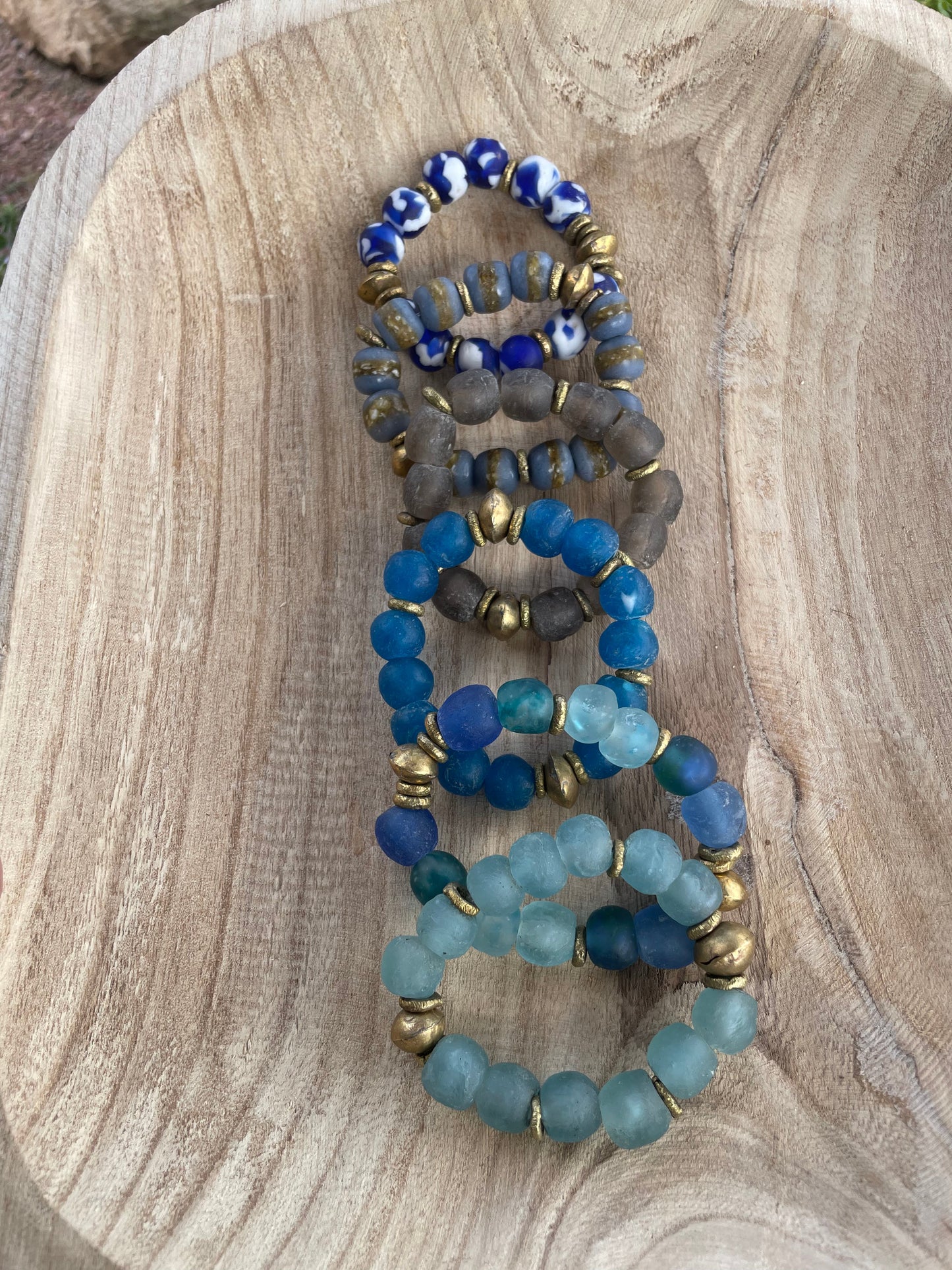 Handmade Recycled Glass Beaded Stretch Bracelet TRUE BLUE