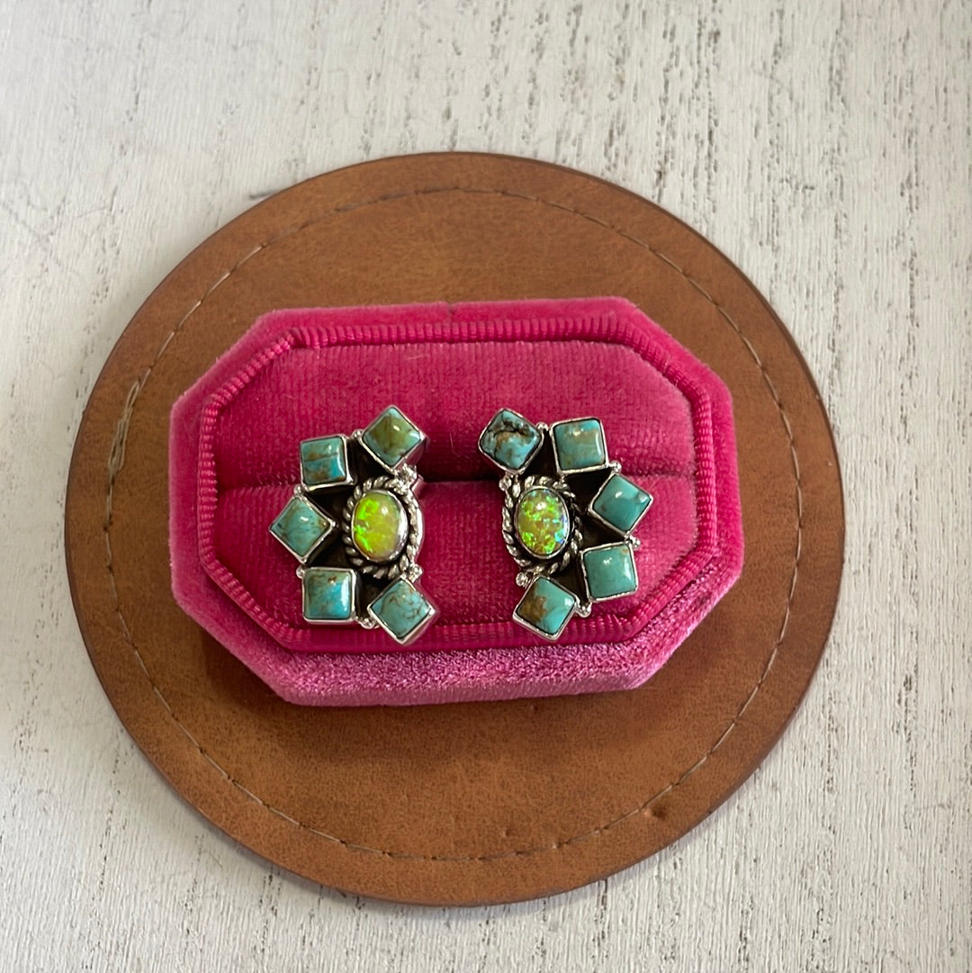Handmade Turquoise, Fire Opal and Silver Silver Earrings