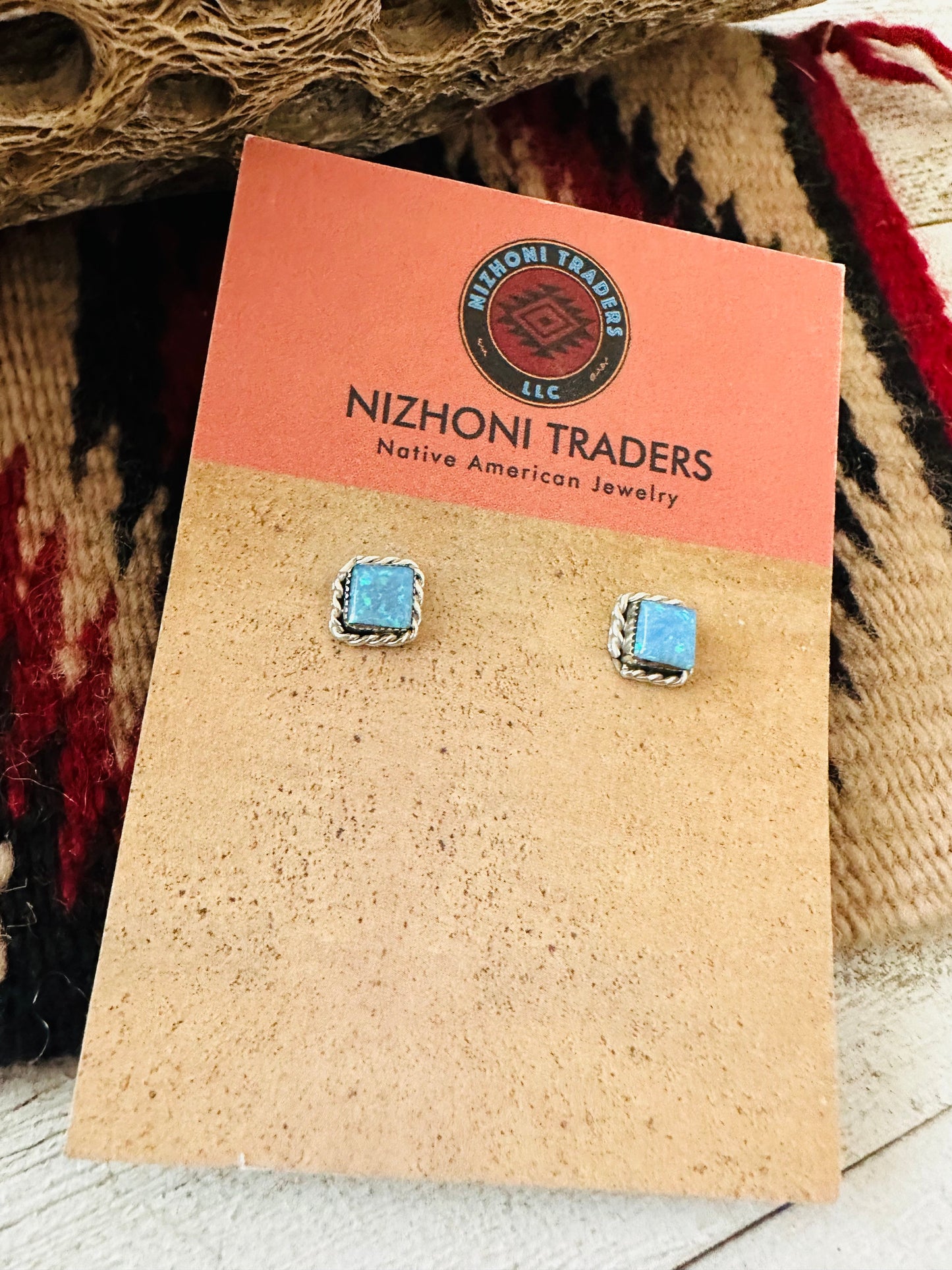 Zuni Blue Opal & Sterling Silver Square Stud Earrings