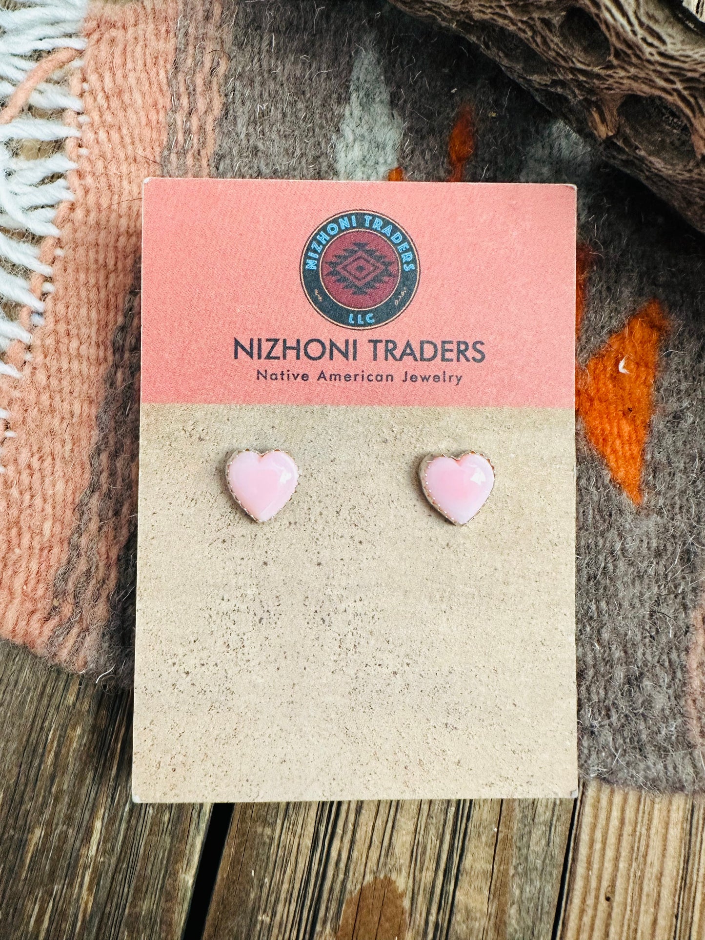 Navajo Queen Pink Conch & Sterling Silver Heart Stud Earrings