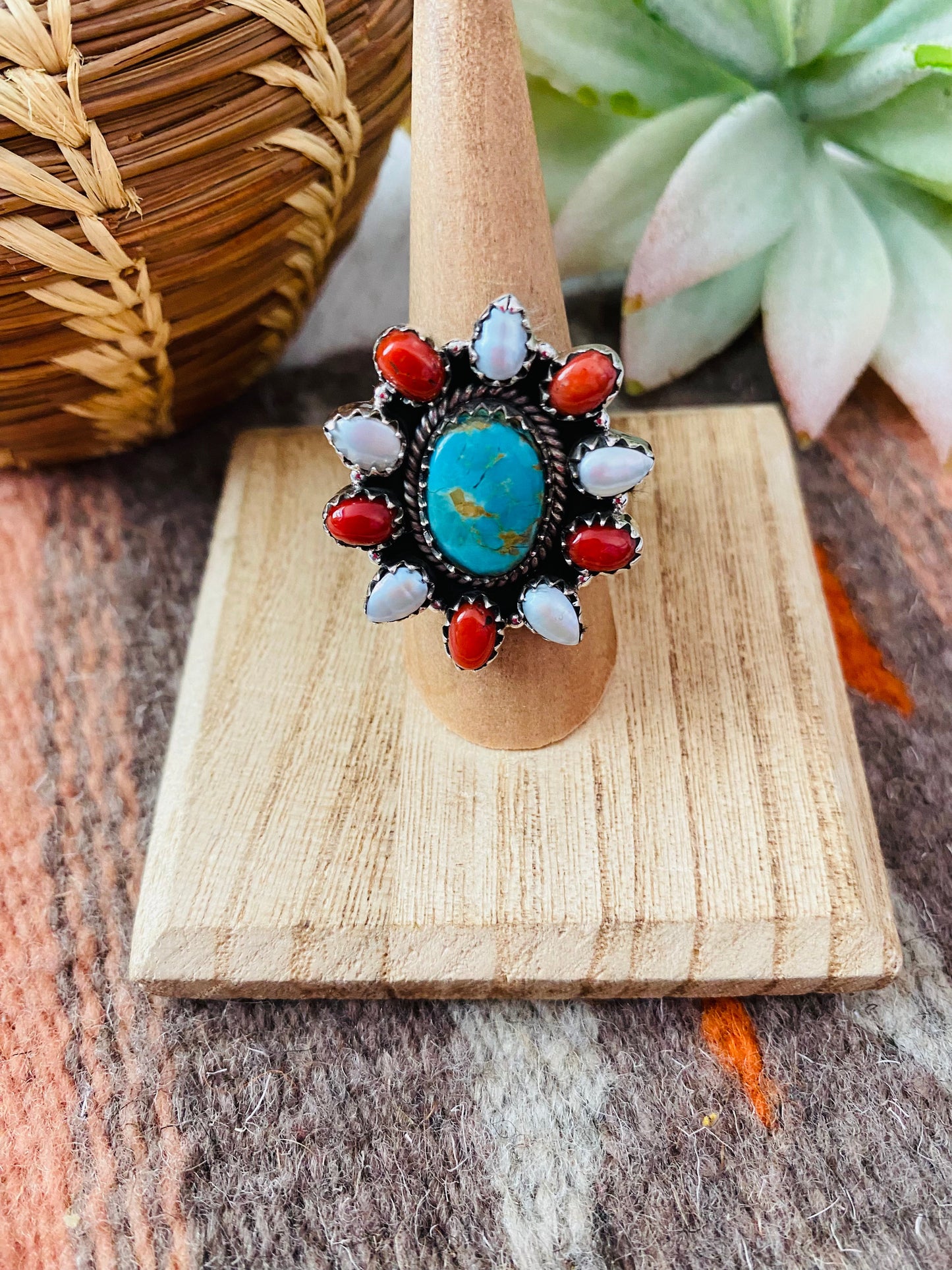 Handmade Sterling Silver & Multi Stone Cluster Adjustable Ring