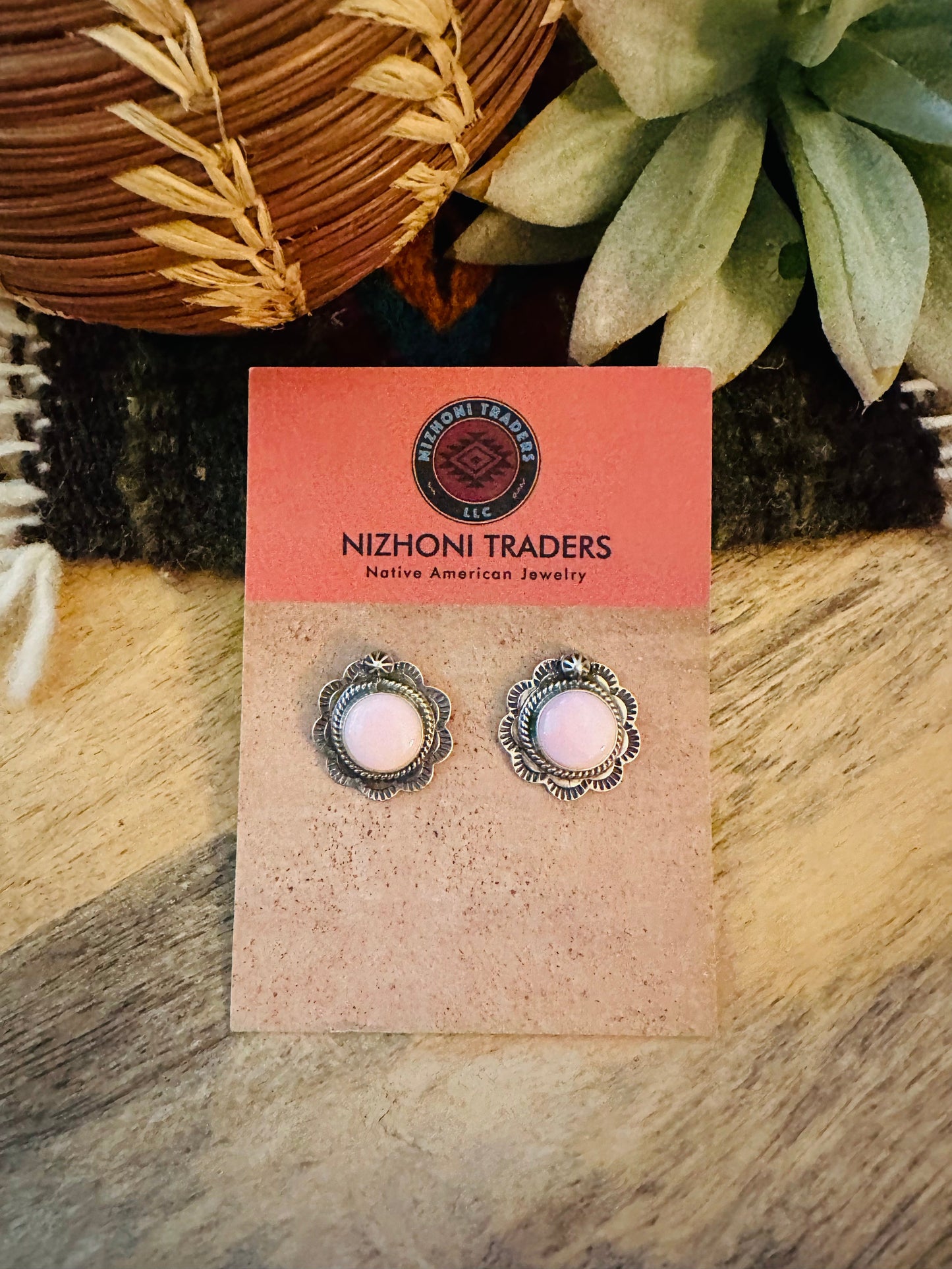 Navajo Queen Pink Conch & Sterling Silver Stud Earrings