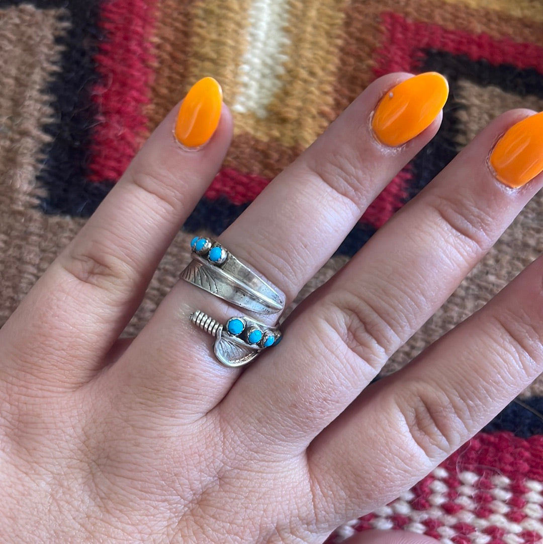 Navajo Sterling Silver & Turquoise Feather Adjustable Ring