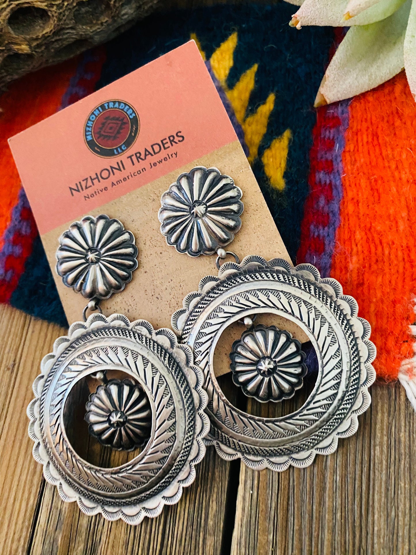 Navajo Hand Stamped Sterling Silver Concho Dangle Earrings