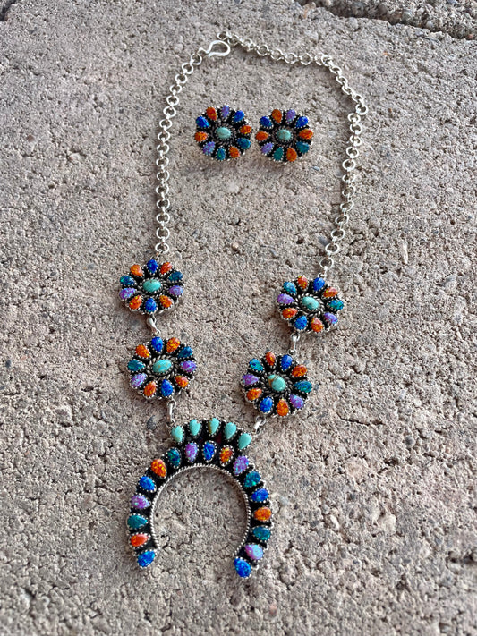 Handmade Sterling Silver, Turquoise, & Fire Opal Squash Necklace, Earrings Set Signed Nizhoni