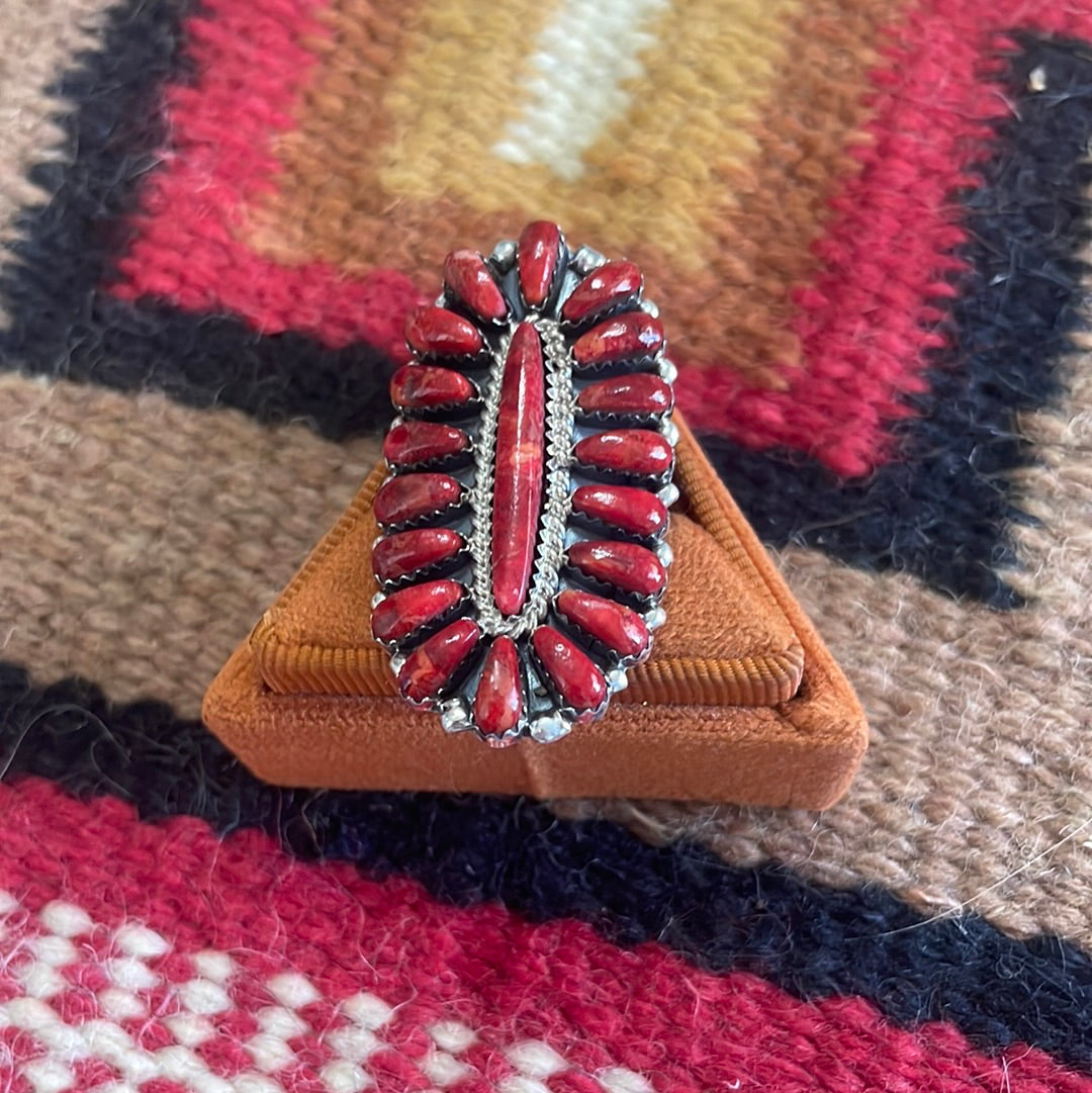 Navajo Sterling Silver & Coral Oval Cluster Ring Signed