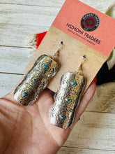 Load image into Gallery viewer, Navajo Hand Stamped Sterling Silver &amp; Turquoise Dangle Earrings